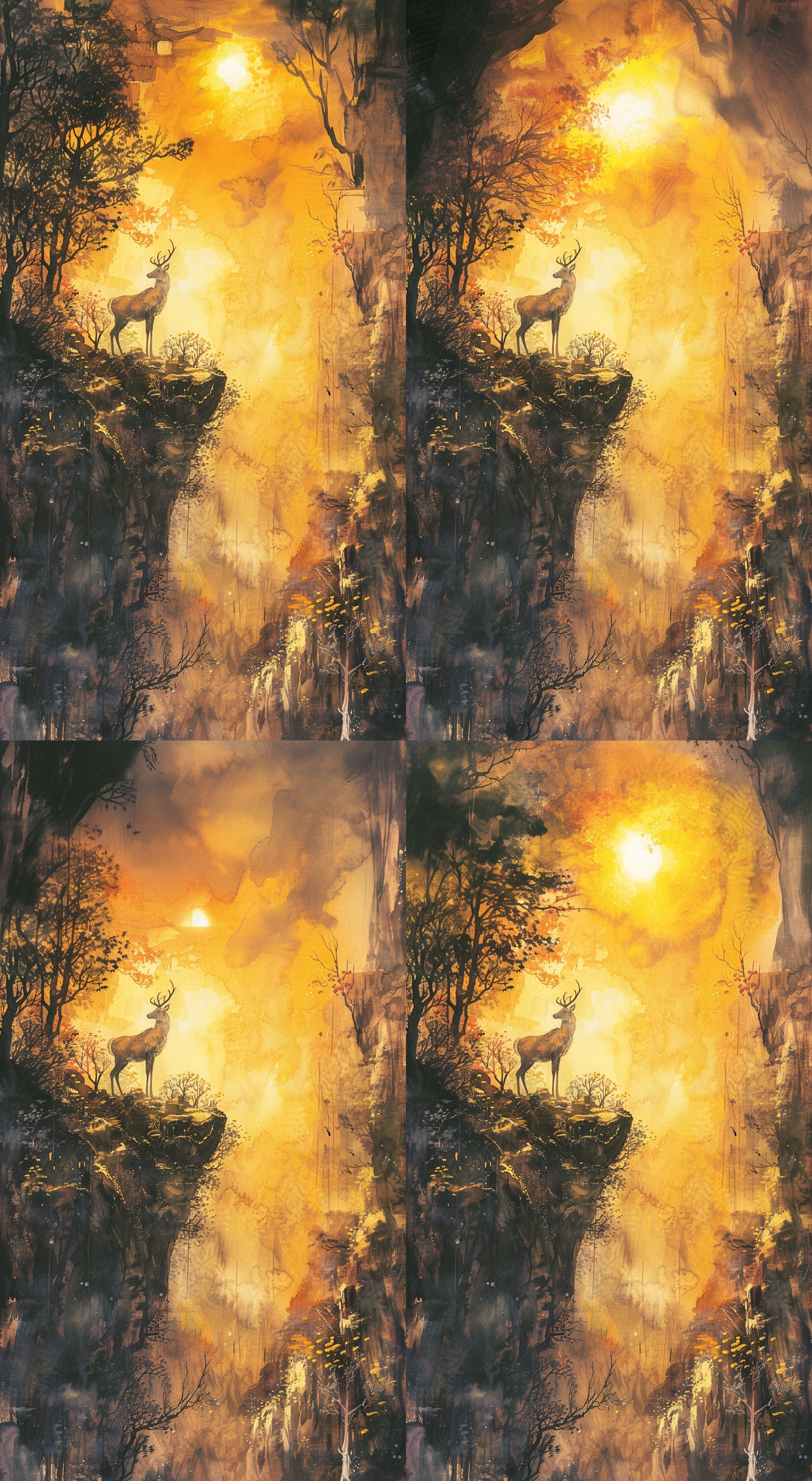 东方神话中的鹿站在悬崖上向天空呼唤，金黄色与深棕色，国画山水，剧中构图，色彩斑澜的水墨画，史诗般的水墨，中国传统元素