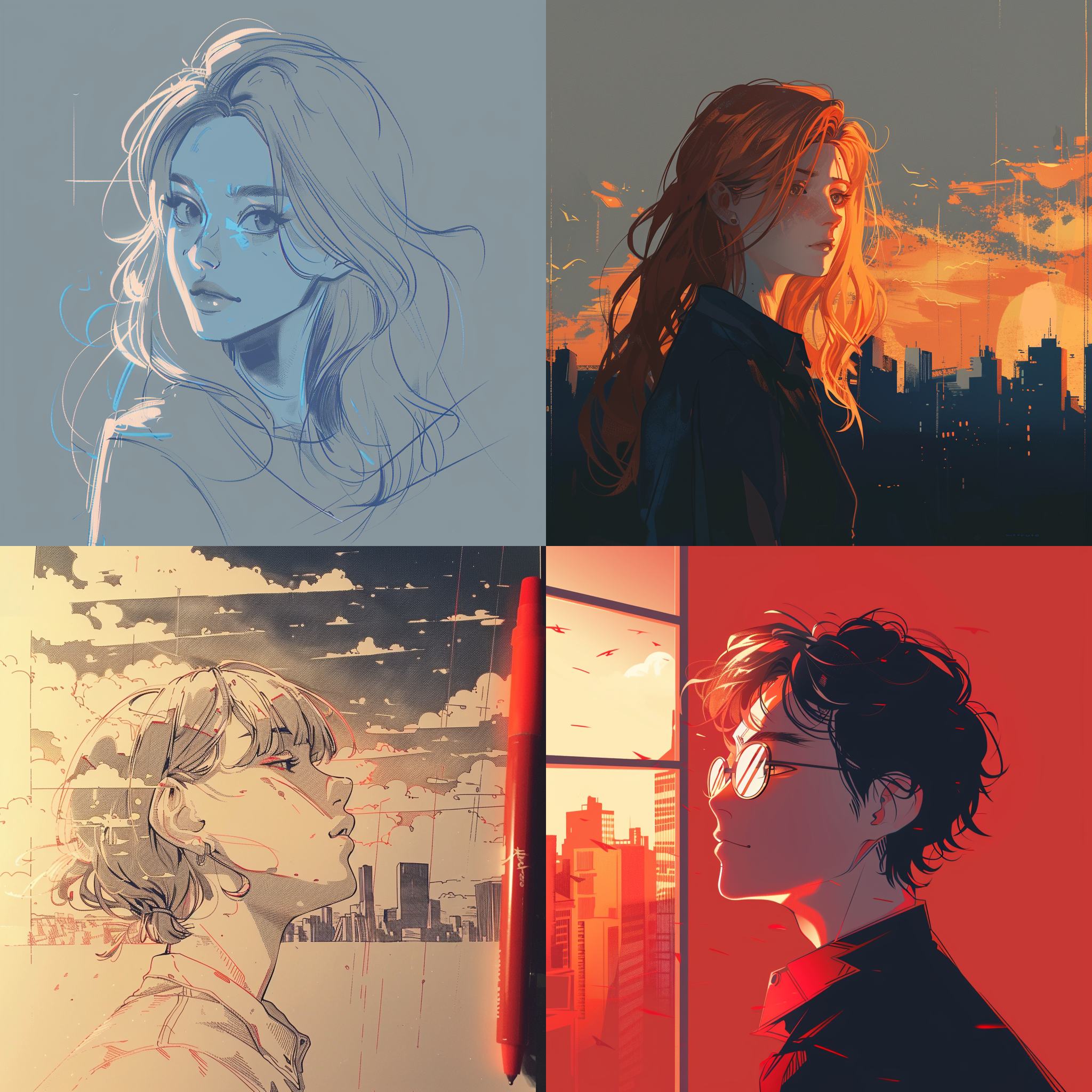 东京塔全景日景，动漫风格，夸张表现，冷暖色对比，色彩鲜明，4k高清，平行视角，不要樱花，不要树，城市风光，动漫风建筑，细节丰富，高饱和度，动态感，晴朗天空，远近景分明。