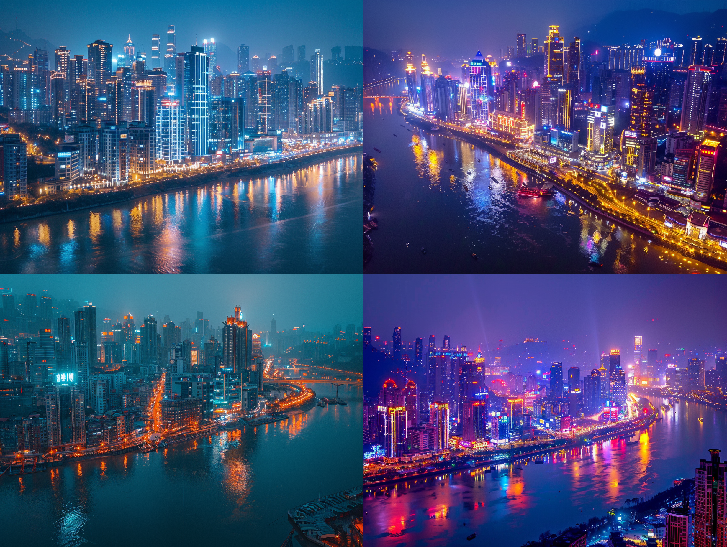 重庆夜景，高楼林立，江水倒映，灯火辉煌，现代都市，俯瞰视角，长焦镜头，夜景模式，光影交错，繁华，活力。