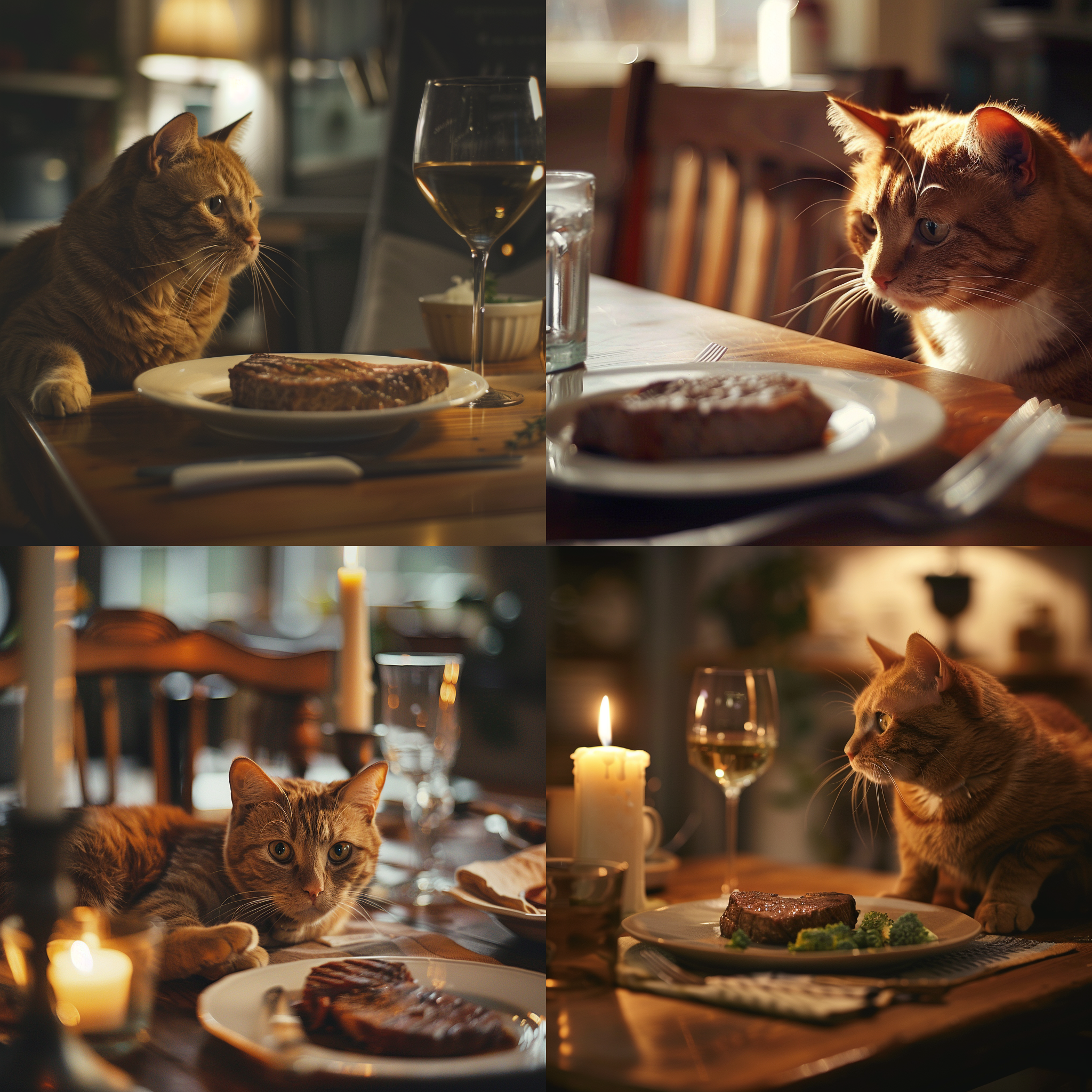 橘猫蹲餐桌，专注凝视牛排，近景特写，温馨家居，自然光，柔和色调，标准镜头，静态，亲密，渴望。