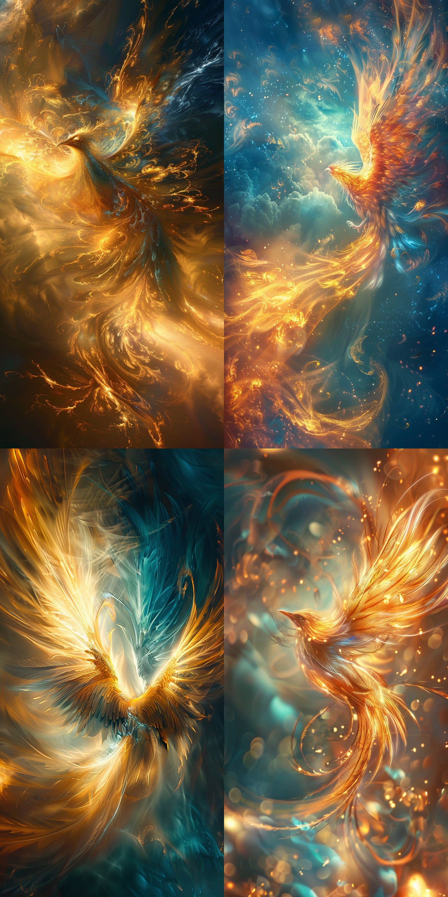 凤凰翱翔，奇幻天空，绚丽羽毛，金色与蓝色交织，翅膀展开，神秘光芒，超现实风格，全景视角，长焦镜头，柔和光线，动态模糊，梦幻色彩，庄严与神秘。
