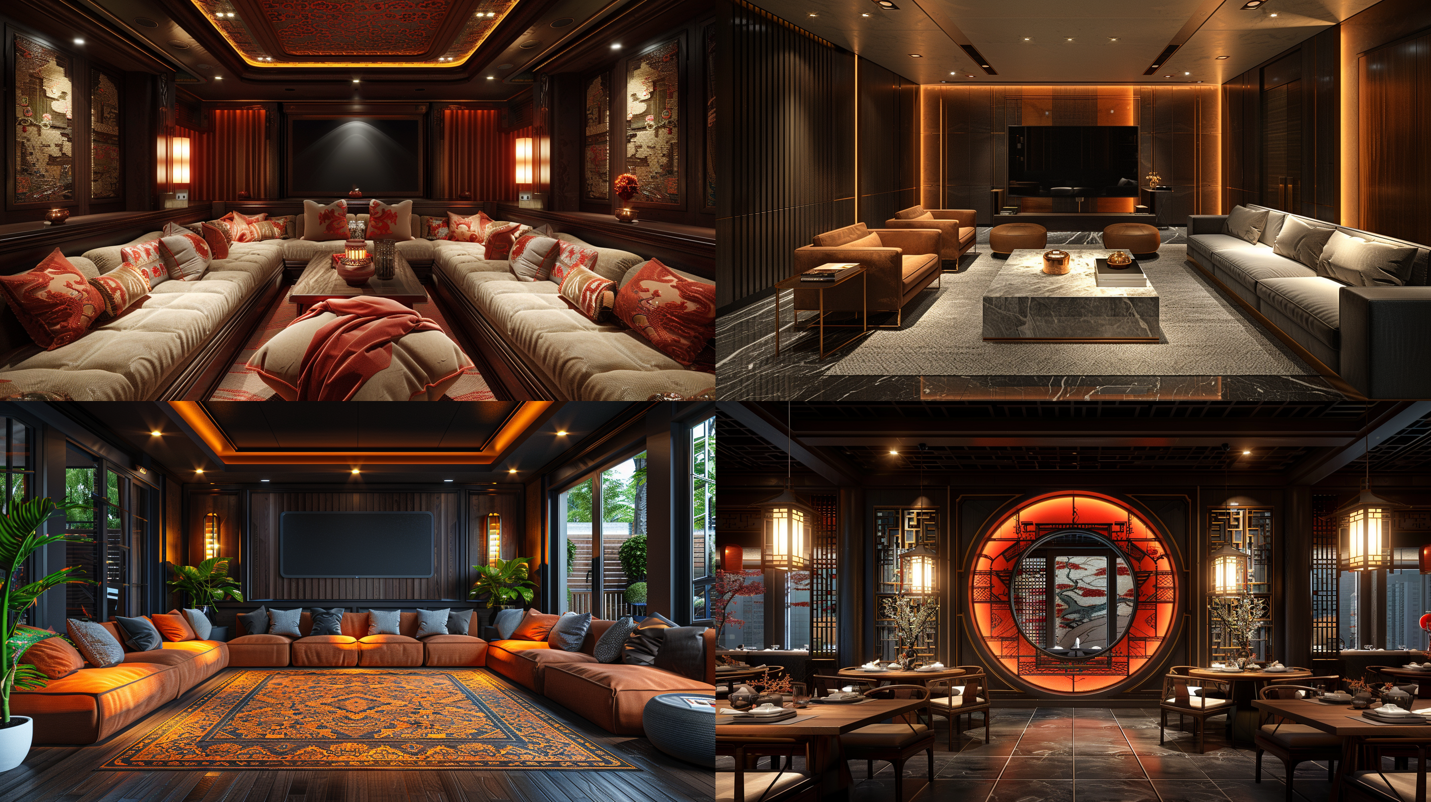 ktv包房，30平米，现代时尚，中式元素，中国风，vr渲染，线性灯，高级感，对称布局，暖色调，广角镜头，柔和光线，细节丰富，氛围温馨，质感细腻。