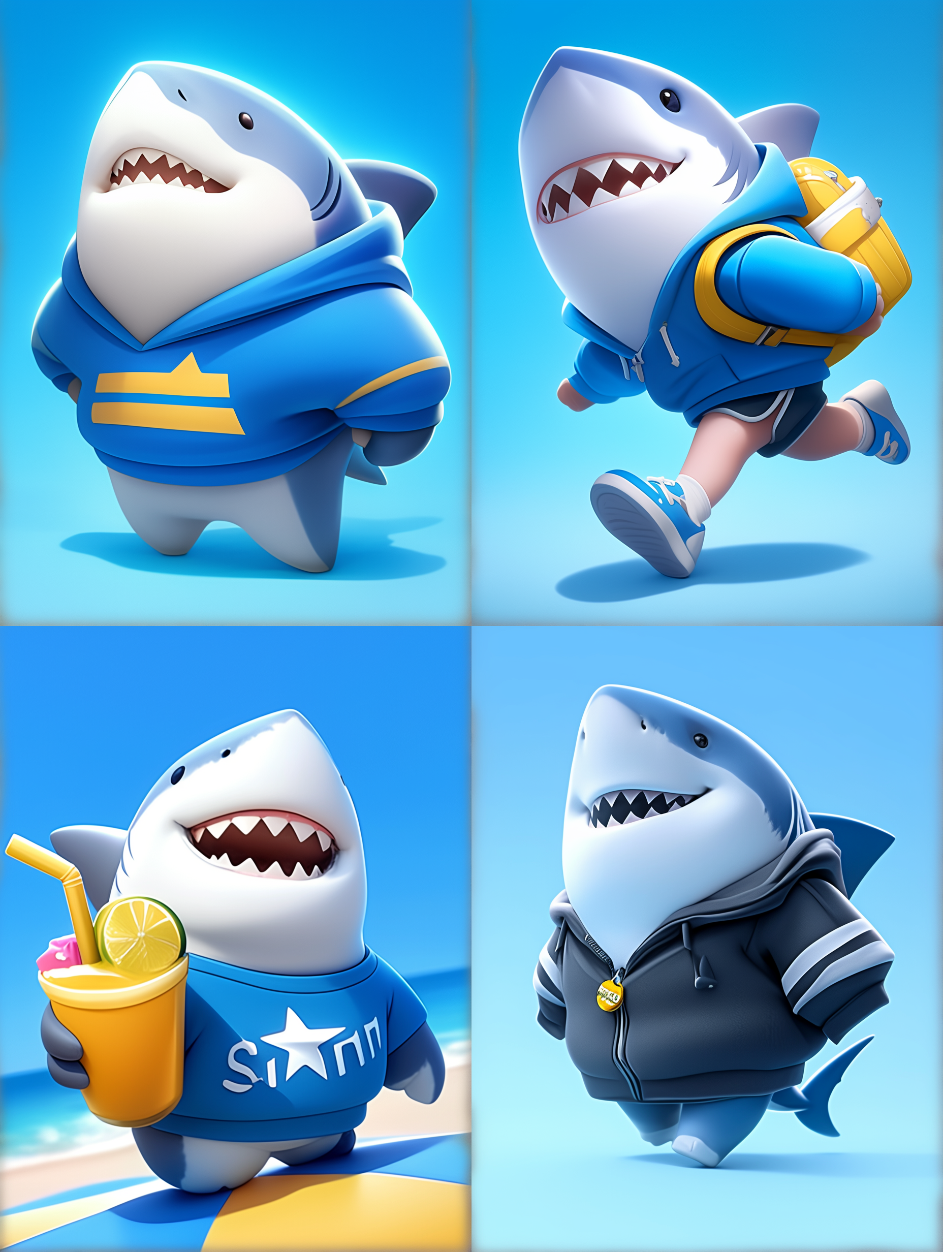 大白鲨，穿机能卫衣，果酱果冻材质，可爱，盲盒风格，看镜头，行走，全身图，3d渲染，没有人类肢体,工作室自然光 角色设计 参考表 三维,