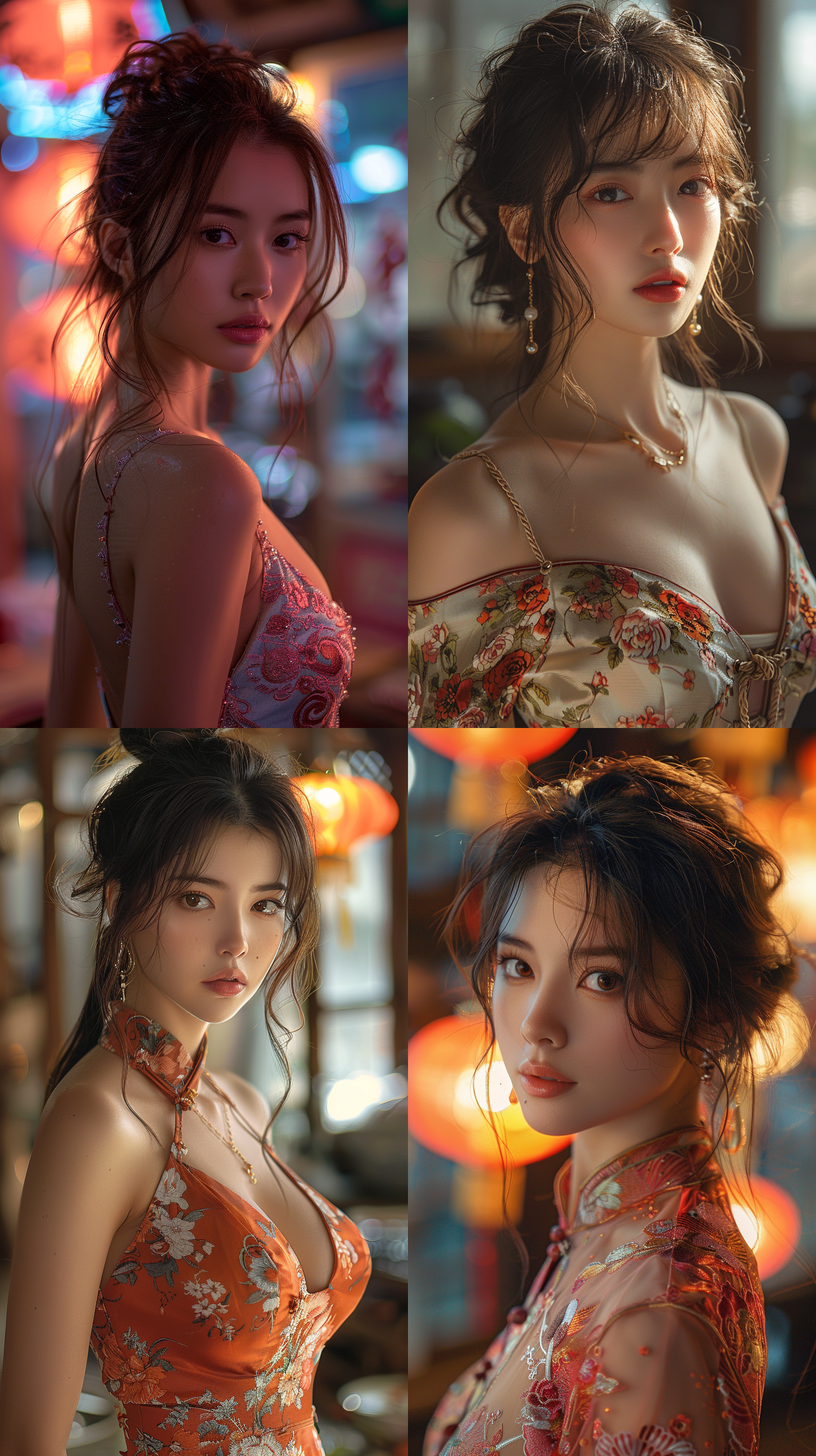 亚洲美女，曲线优美，身材火辣，旗袍，诱惑，神秘，女性魅力，暖色调，女性特征突出，色彩艳丽，侧光，超现实主义。