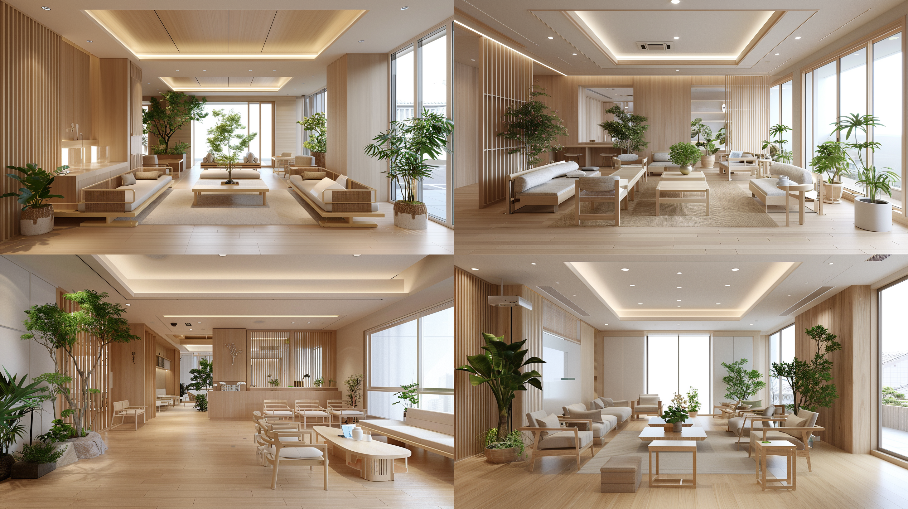 现代日本客厅，医院内部，建筑可视化，松木配色方案，简单色度x光，养老院，中元节，东京未来主义和干净，榆树，受nam gye-u启发，天堂照明，高度详细-h 704，测试，木质，可变照明，柔和过滤户外照明，极简主义，自然光，柔和色调，宁静，舒适，温馨。