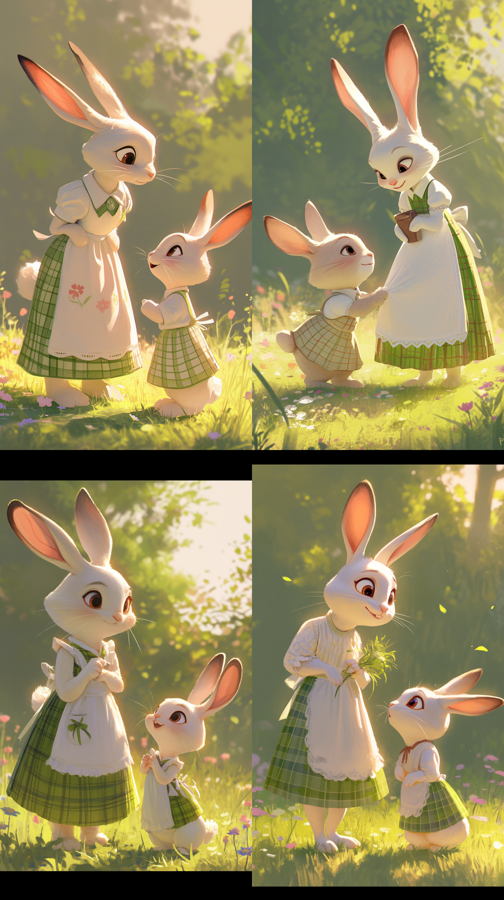 穿着绿色格子裙的小兔子在玩耍，穿着白色围裙的兔子妈妈微笑的看着她。森林背景。皮克斯动画风格，超真实渲染，高角度拍摄，明亮色彩，迪士尼3d卡通风格，阳光直射，广角镜头，动态捕捉，鲜艳色彩，和谐自然。