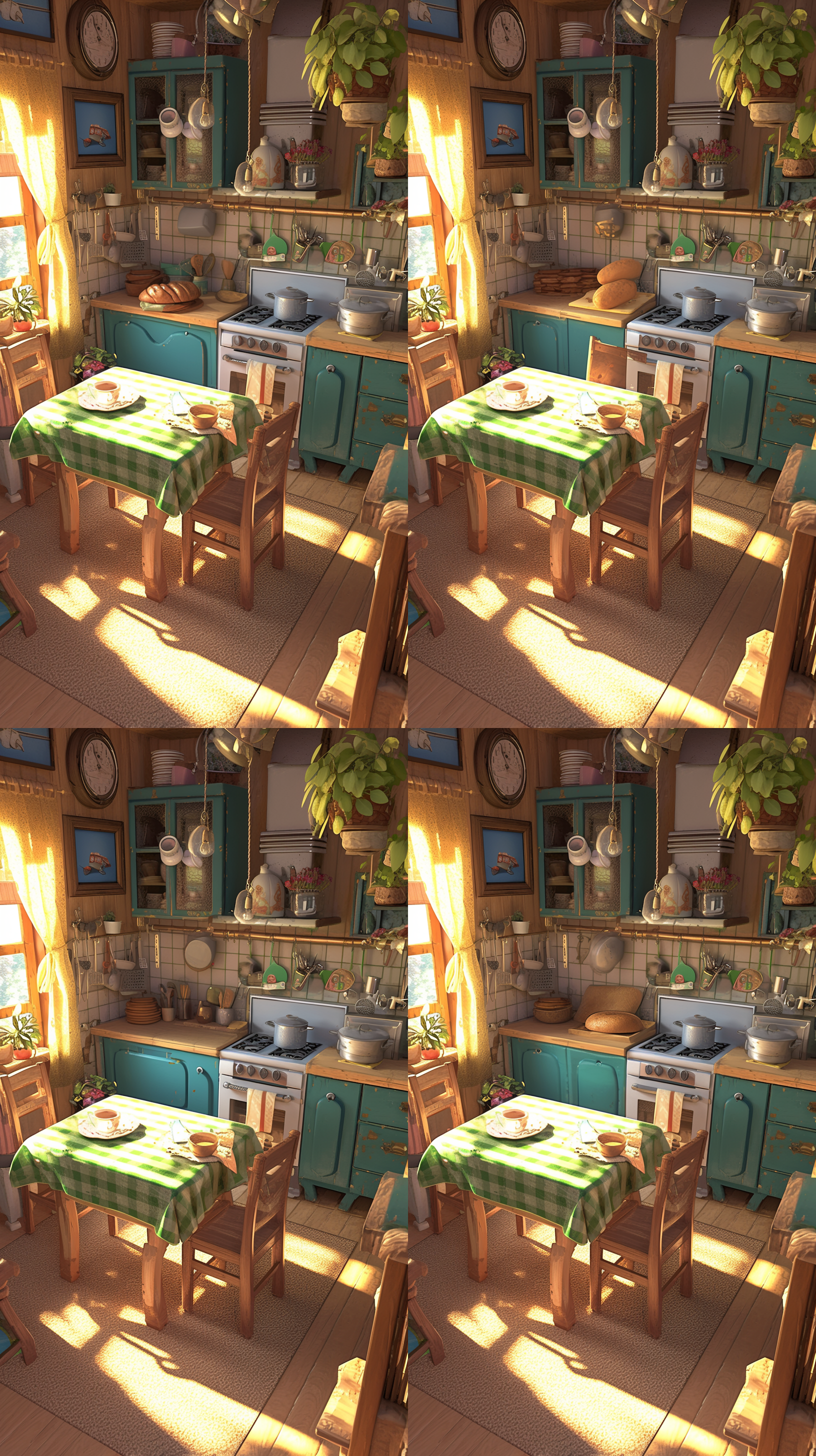 穿着绿色格子裙的小兔子坐在餐桌前，穿着白色围裙的兔子妈妈在准备早餐，厨房餐桌背景。皮克斯动画风格，超真实渲染，高角度拍摄，明亮色彩，迪士尼3d卡通风格，阳光直射，广角镜头，动态捕捉，鲜艳色彩，和谐自然。