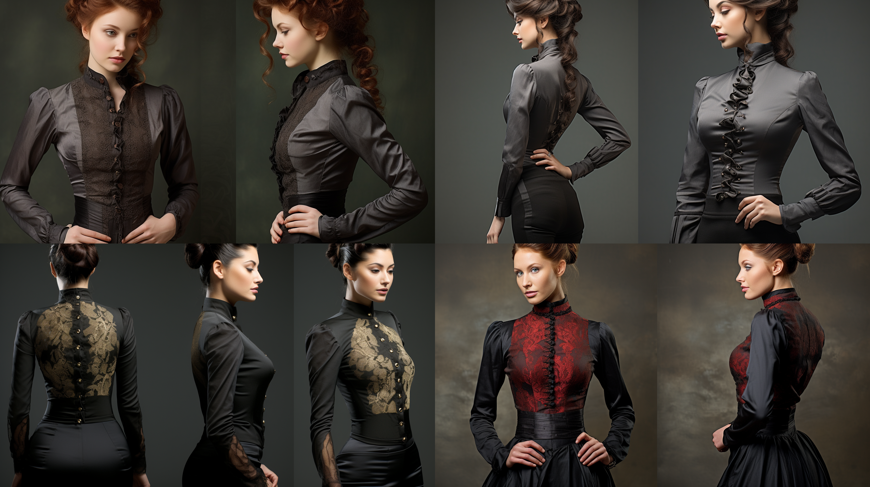 欧美女性模特id，三视图，正面图、侧面，背面，胸部以上，脸部细节，高分辨率，自然光，浅景深，人像镜头，清晰轮廓，细腻肌肤，深邃眼神，优雅姿态，时尚感，冷色调，自信表情。