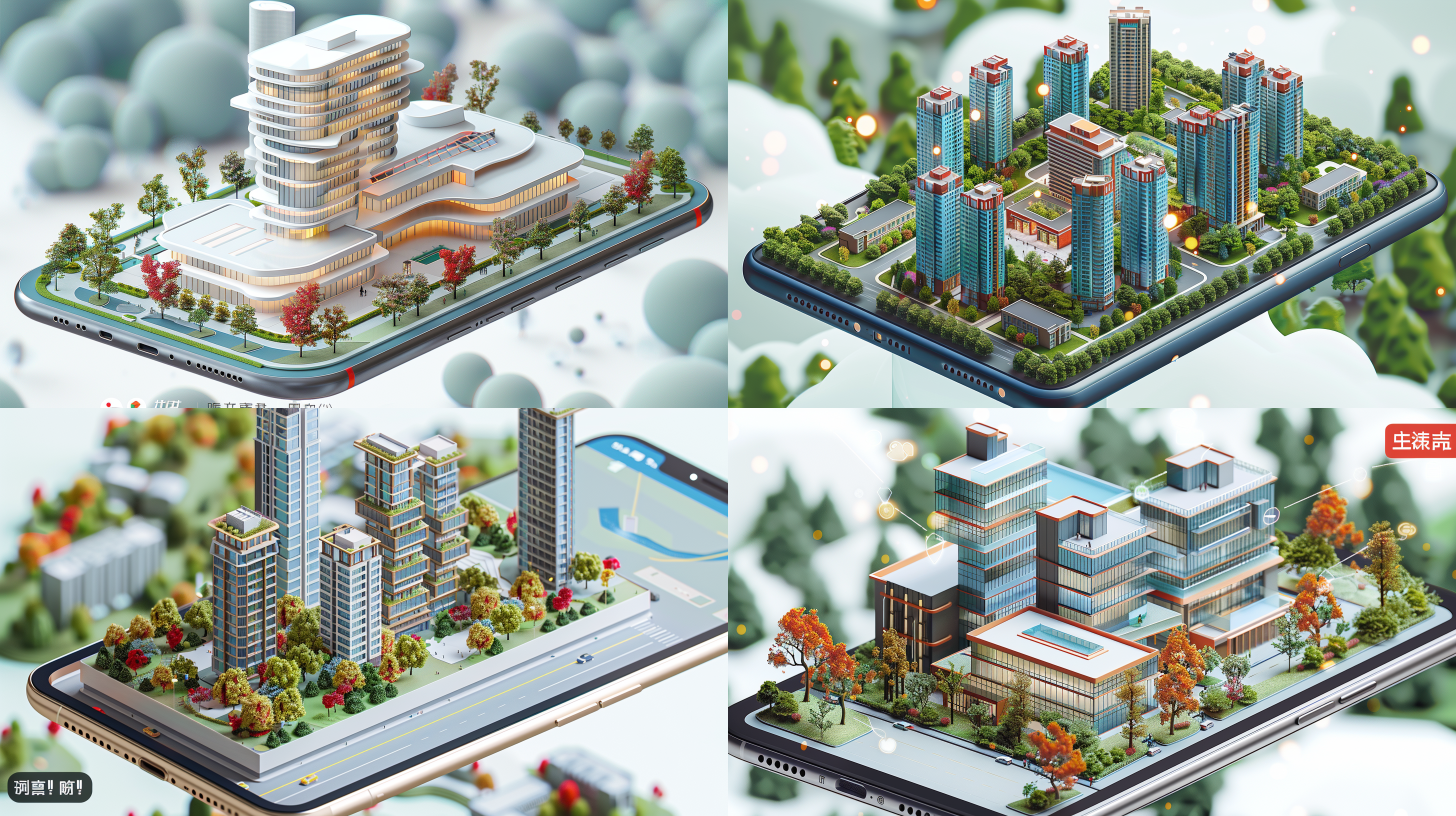 手机上的建筑模型，校园，3d模型，线条清晰，自然光，细节丰富，广角镜头，现代生活，高效便捷。