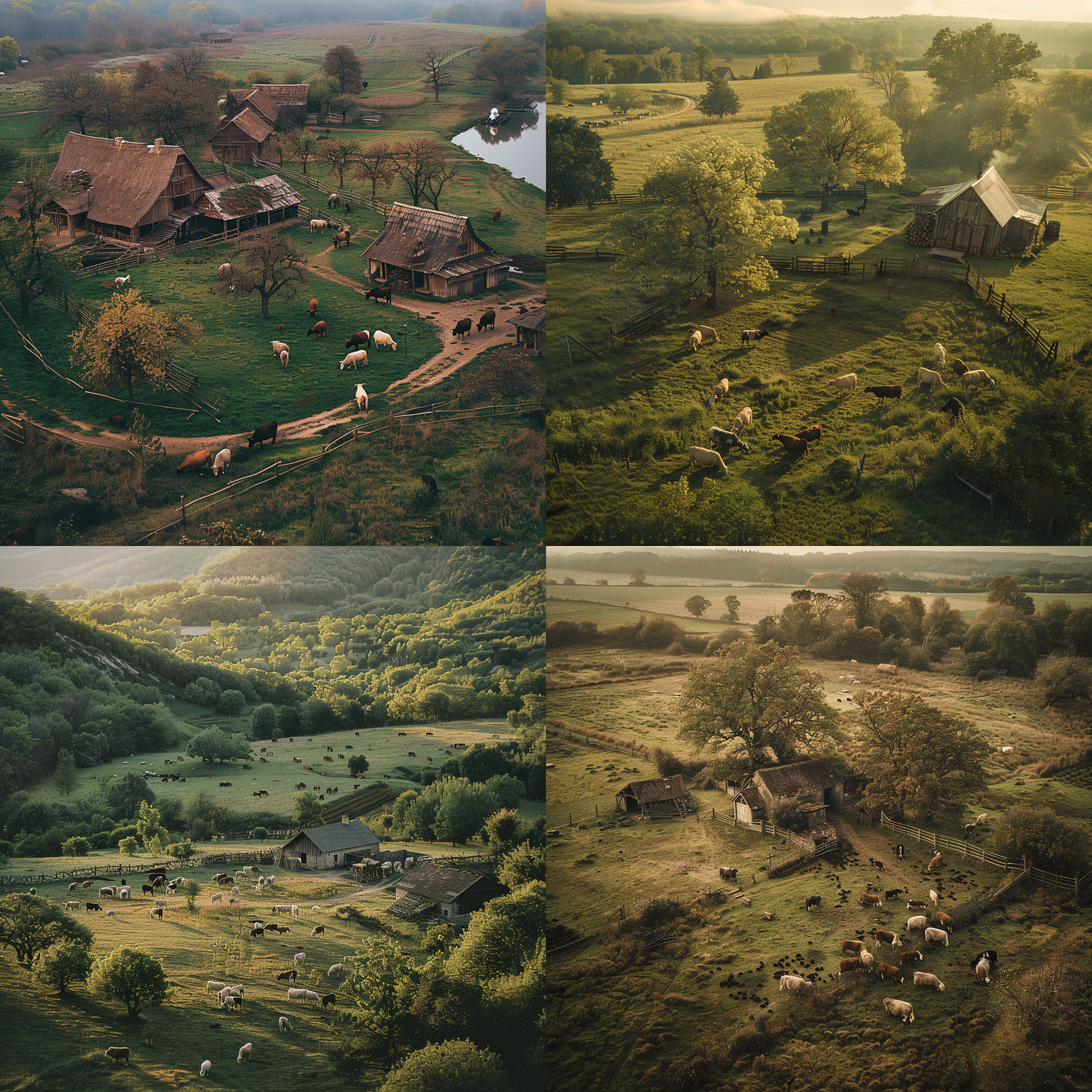 中世纪农场俯视角牛羊成群狗，广角镜头，自然光，田园风光，柔和色调，宁静，和谐，牧场生活。