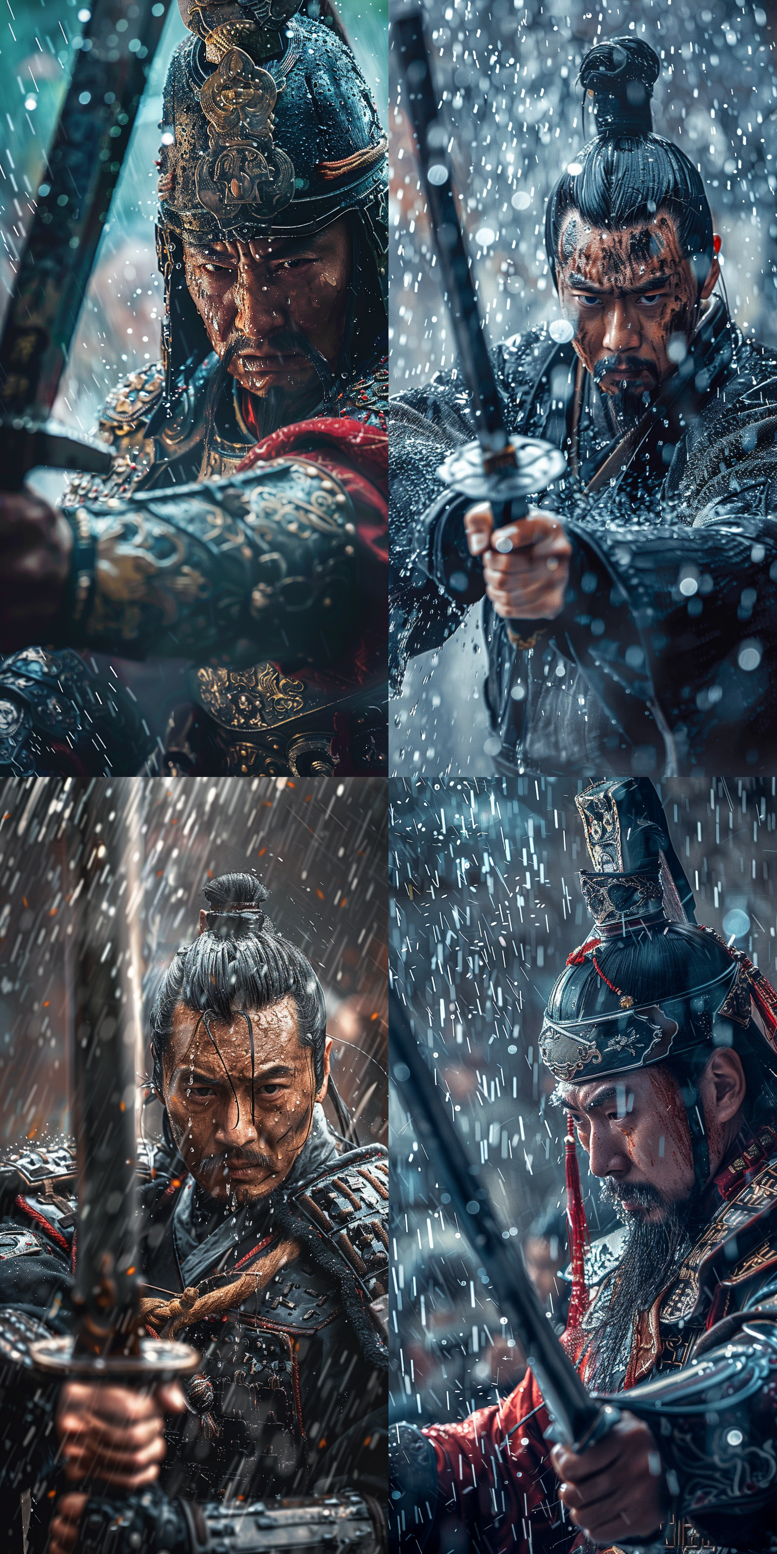 唐朝武士，大雨倾盆，精美青龙宝剑，目光坚毅，冷峻表情，视死如归，冷色调，逆光，战斗场面，动态模糊，广角镜头，高对比度，湿漉漉的盔甲，水珠飞溅