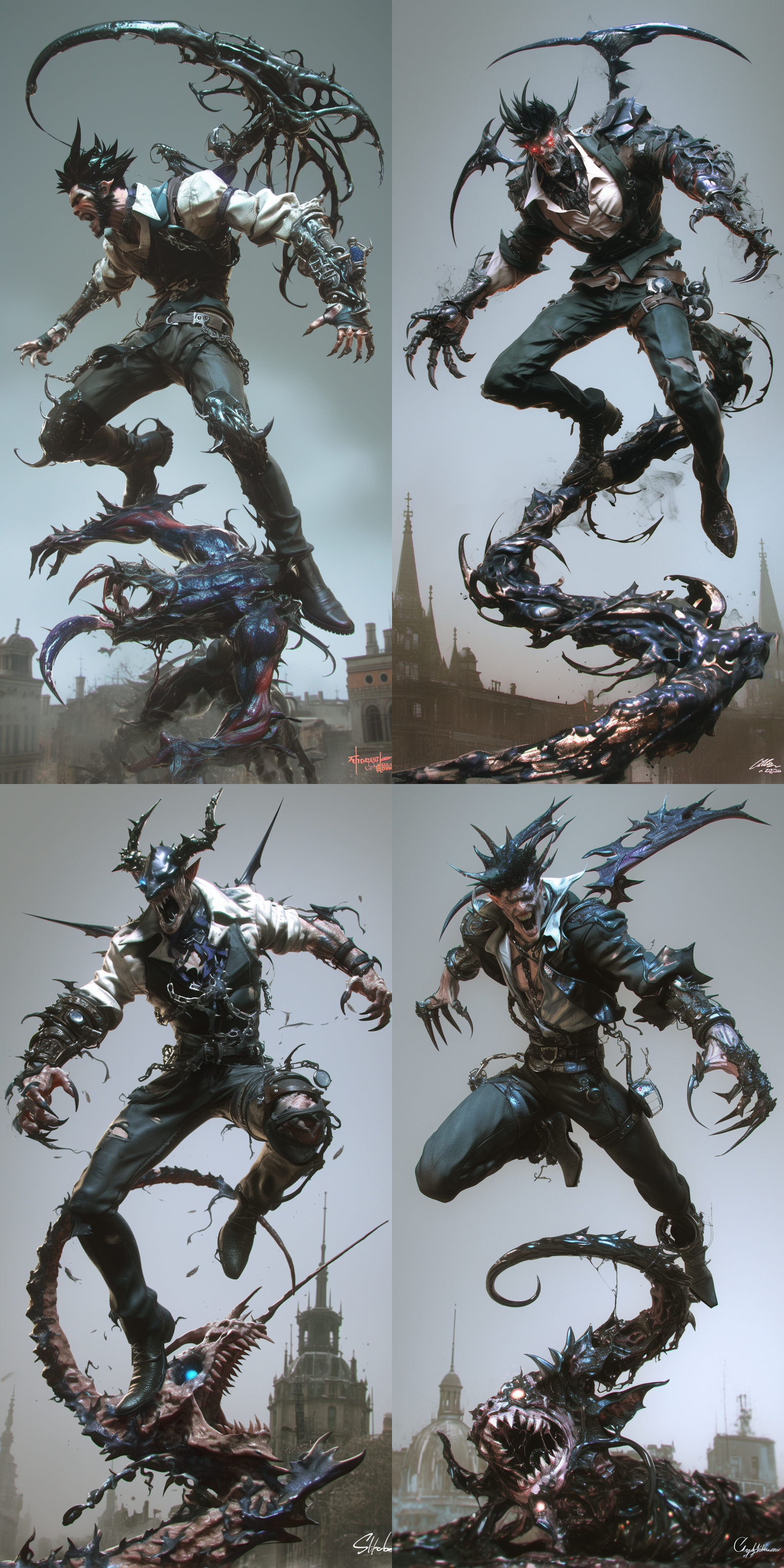 天使与恶魔战斗，3d渲染，蒸汽朋克风格，对角线构图，高细节，荒废城市，广角镜头，戏剧性灯光，动态模糊，翅膀展开，金属质感，冷暖色调对比，紧张氛围。