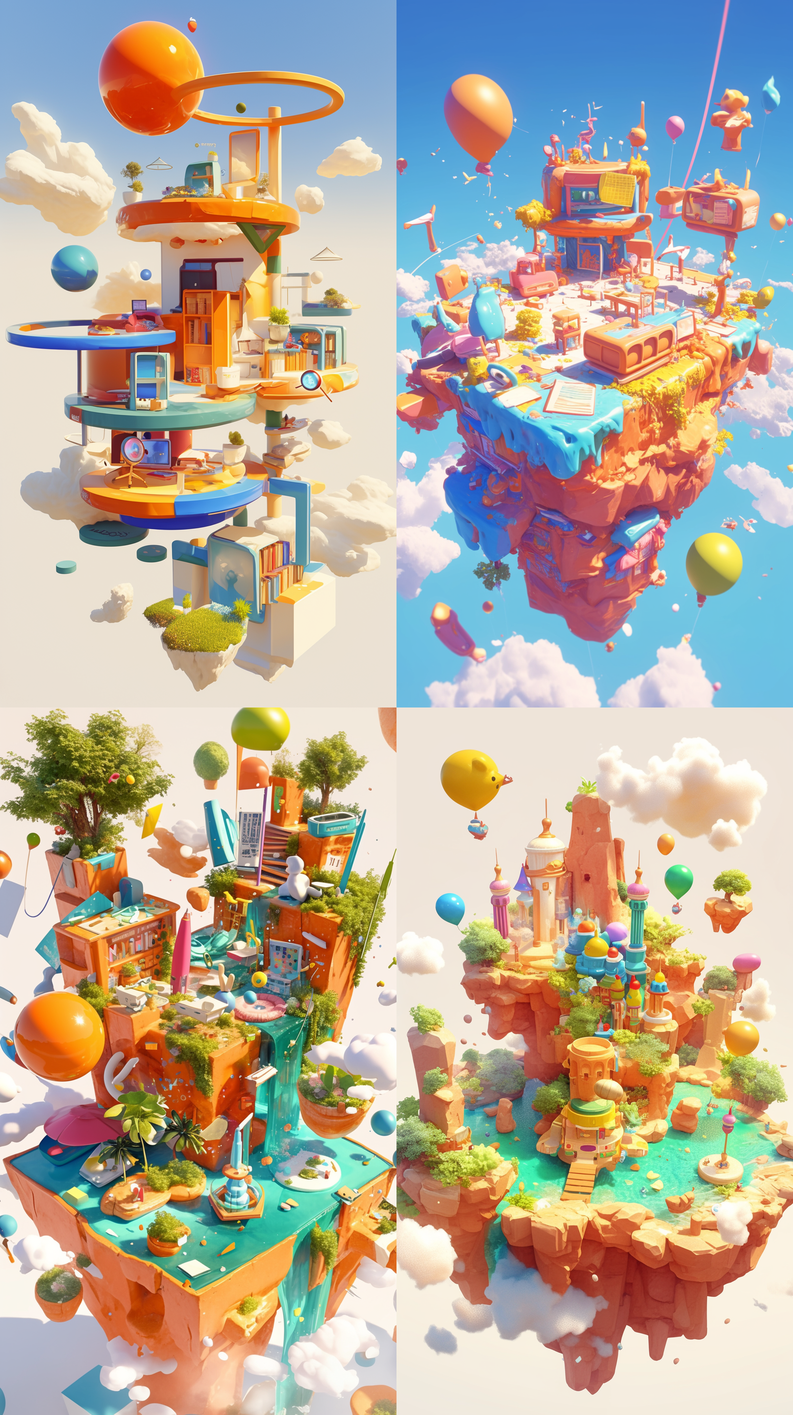 白色背景，科技风格，孟菲斯风格，3d立体风格，可爱学习游乐园，悬浮岛屿。精致细节，4k高清画质，科技光线，自然光，广角全景，书本，铅笔，橡皮，尺，播放按钮，科技元素，游戏世界，国风科技。悬浮岛屿，粘土质感，科技元素融合，孟菲斯色彩，3d渲染，细节丰富，4k分辨率，自然与科技光影，广角视角，学习工具与游戏按钮，国风科技结合，创意无限。