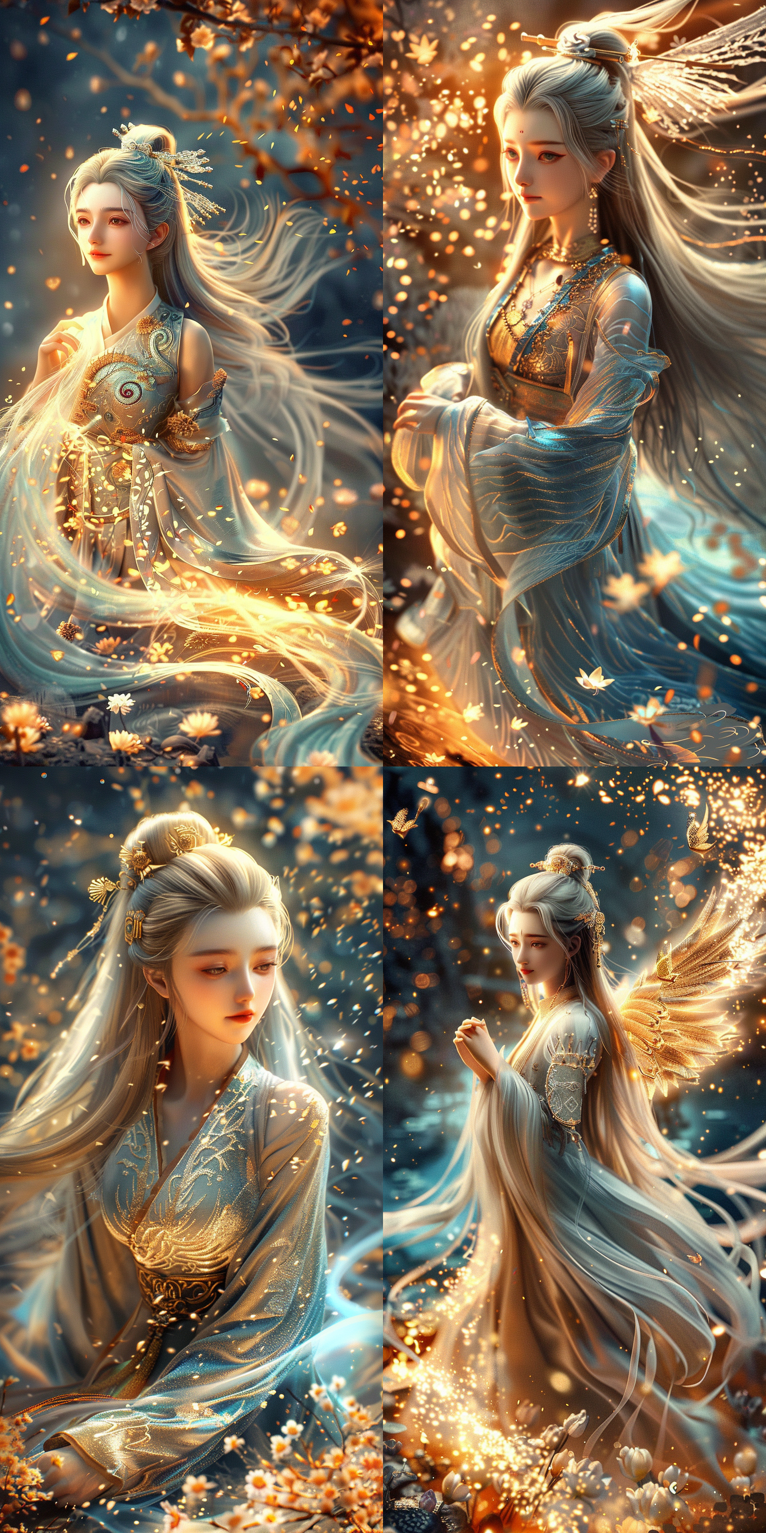 一个女孩，中国风，古风，白色长发，流仙古风长裙，绝美容貌，精致五官，白晰皮肤，正面看我，柔光，花海水边，趴在地上睁眼看我，俯视镜头