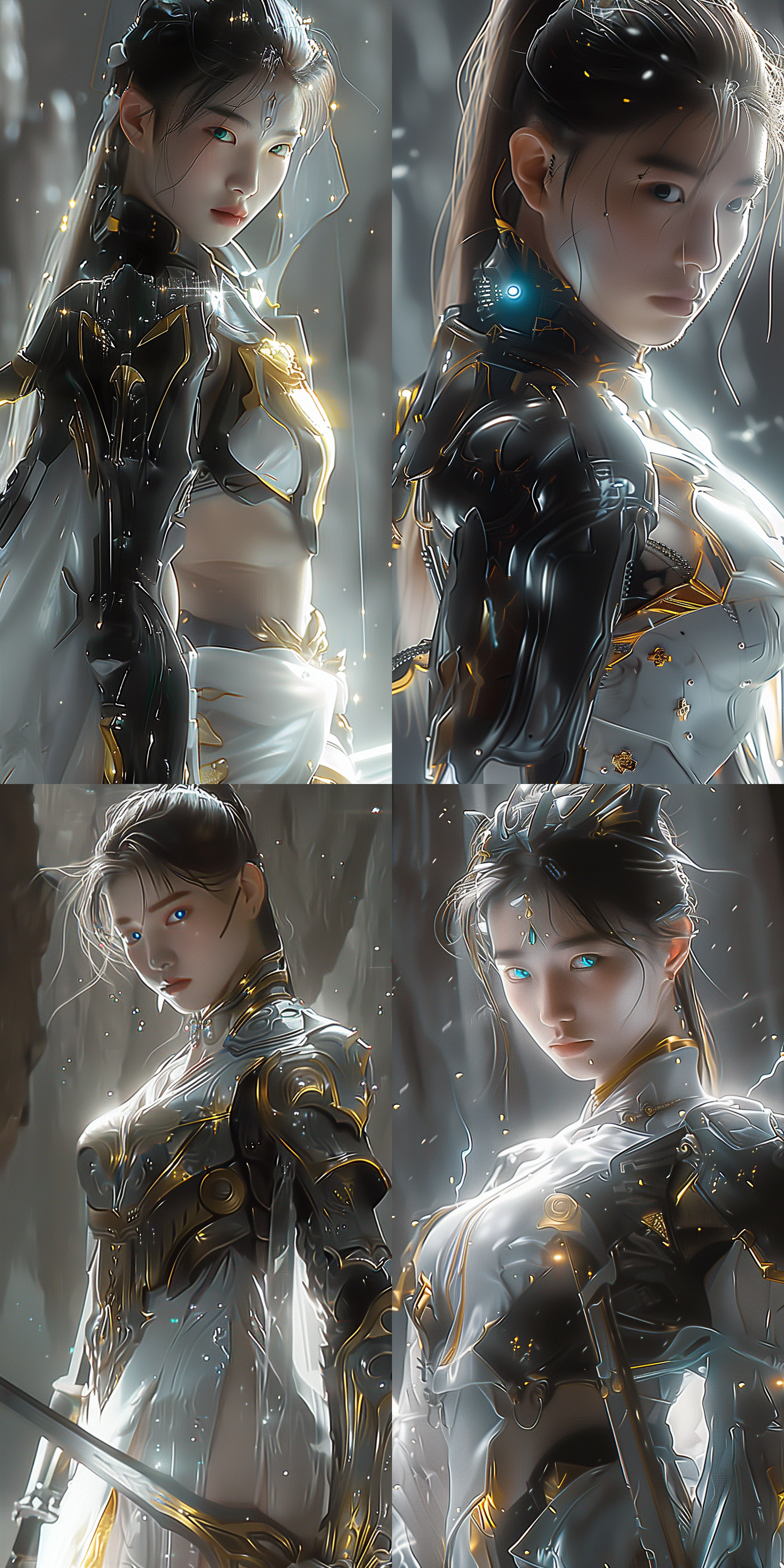 机甲战士，皮肤钢铁融合，蓝色眼睛，全身像，幽暗森林，头顶亮光，手持长剑，脚踩机械，暗色调，金属质感，广角镜头，侧光，动态模糊，紧张氛围，未来感。 冰川 城堡内部 低角度 黑金 星空 旗袍 异色瞳