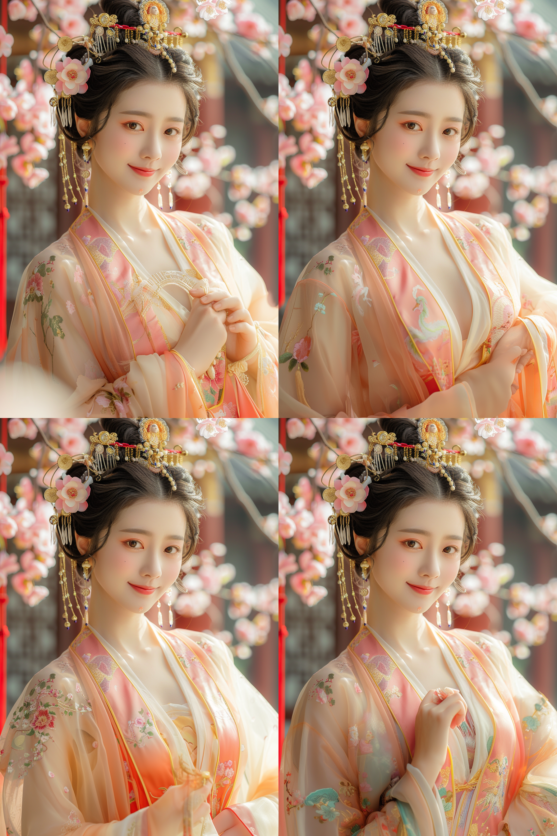 中国古典美女，丰满身材，微笑闭嘴，肤如凝脂，梅花环绕，金色宫殿，红色地毯，盘发精致，鲜艳色彩，清纯美丽，独奏姿态，珠宝点缀，花形发饰，杰作级质量，绝世容颜，色彩缤纷的纱质衣裙，细长眉毛，全身照，丹凤眼，柔和侧光，高光细节，环境光，长焦镜头，自然色彩，静态美，传统服饰，细腻肌肤，优雅姿态，古典美，柔和光线。