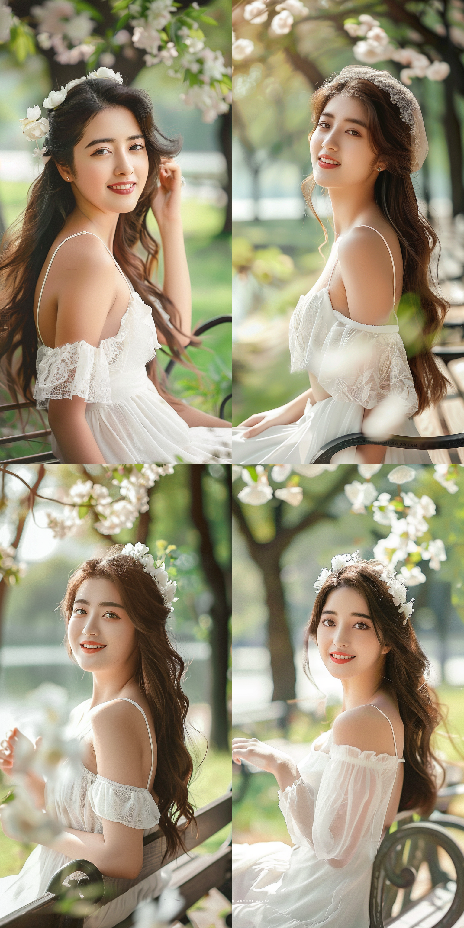 清纯美女公园，自然光，柔和色调，公园长椅，微笑，长发，白色连衣裙，远景，广角镜头，清晨，清新，宁静。