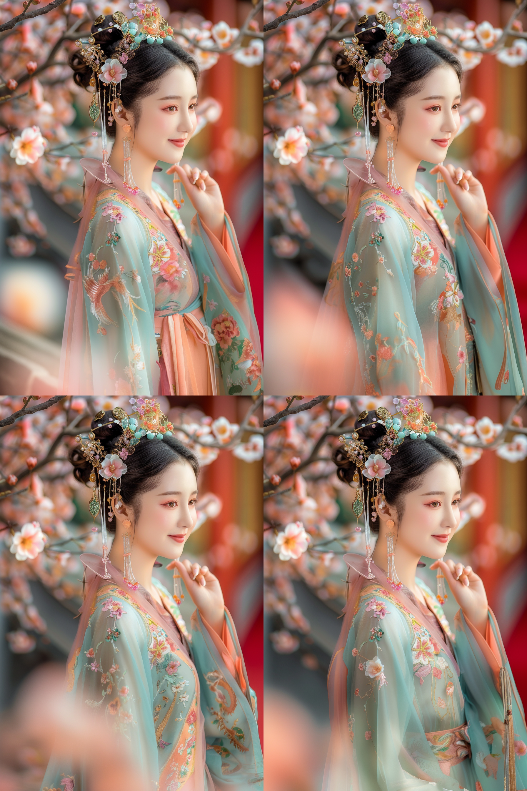 中国古典美女，丰满身材，微笑闭嘴，肤如凝脂，梅花环绕，金色宫殿，红色地毯，盘发精致，鲜艳色彩，清纯美丽，独奏姿态，珠宝点缀，花形发饰，杰作级质量，绝世容颜，色彩缤纷的纱质衣裙，细长眉毛，全身照，丹凤眼，柔和侧光，高光细节，环境光，长焦镜头，自然色彩，静态美，传统服饰，细腻肌肤，优雅姿态，古典美，柔和光线。