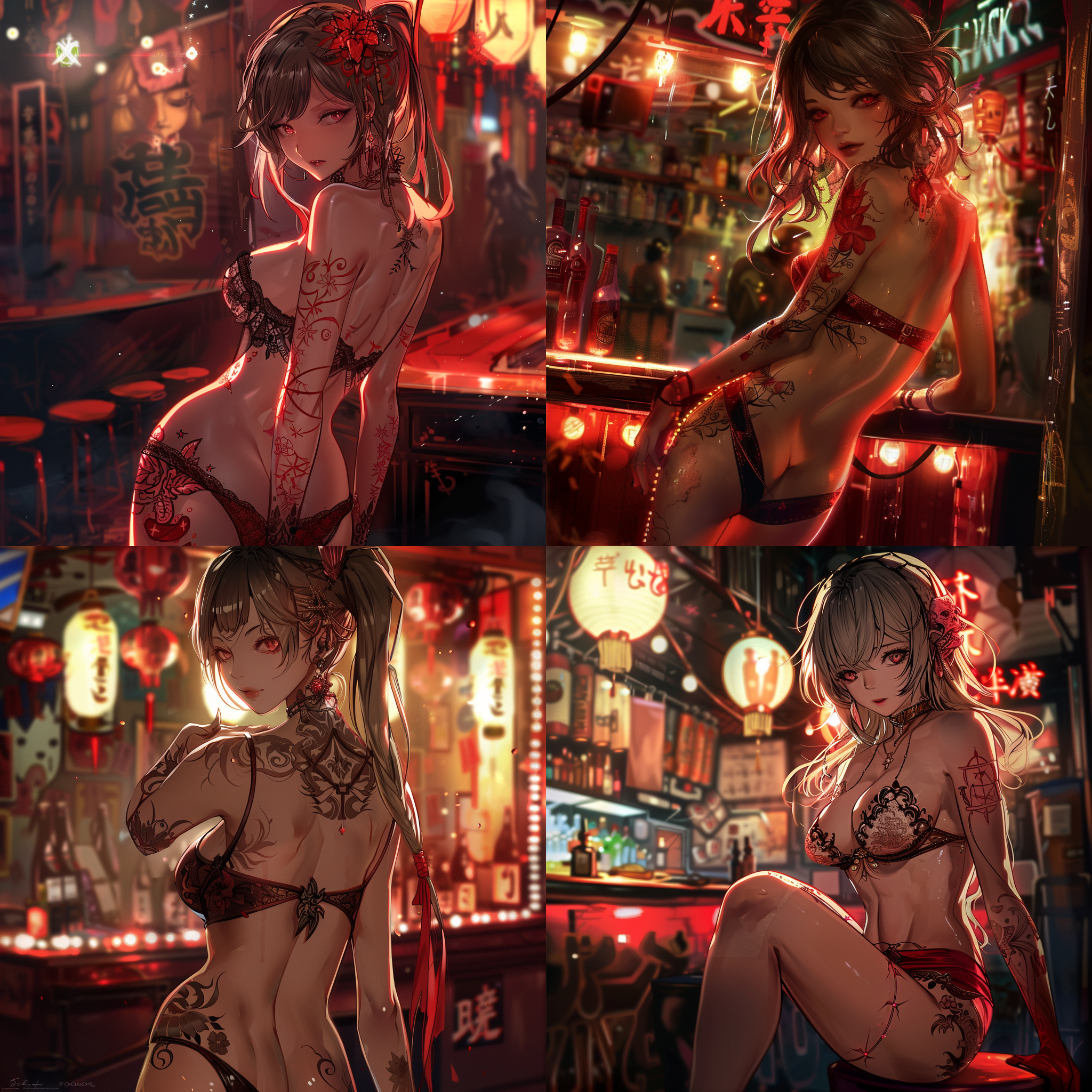 dear miss, her curves are graceful, her figure is hot, with a background of nightclub, her eyes are enchanting, mysterious,, high contrast of light and shadow, soft lighting, wide-angle lens, stage, metering, japanese anime style, female charm, red magic array tattoo, diagonal composition, high contrast, warm tones, side lighting, dynamic capture, a sense of mystery, red tattoo, temptation, full-body shot, streetwalker, red high heels,