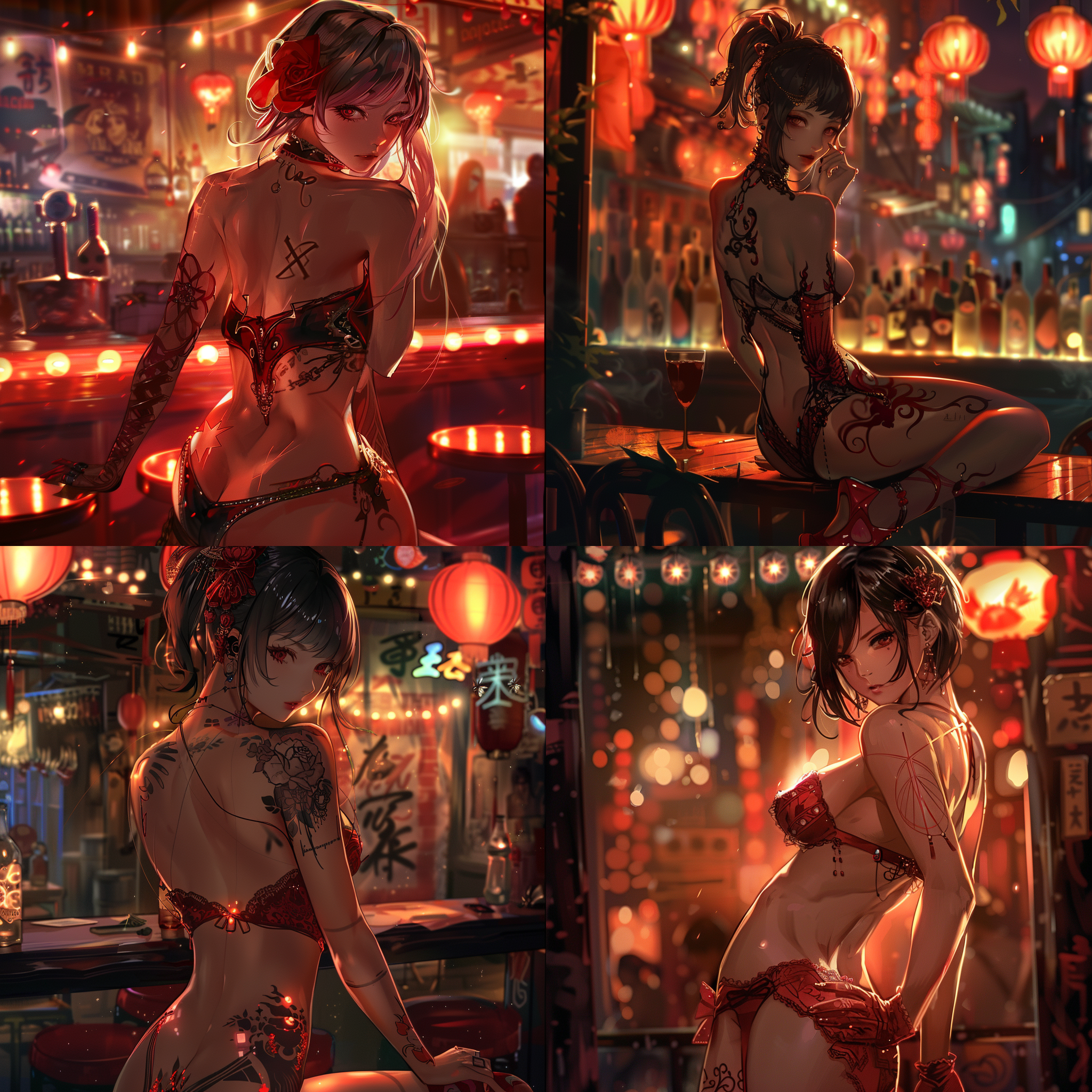 dear miss, her curves are graceful, her figure is hot, with a background of nightclub, her eyes are enchanting, mysterious,, high contrast of light and shadow, soft lighting, wide-angle lens, stage, metering, japanese anime style, female charm, red magic array tattoo, diagonal composition, high contrast, warm tones, side lighting, dynamic capture, a sense of mystery, red tattoo, temptation, full-body shot, streetwalker, red high heels,