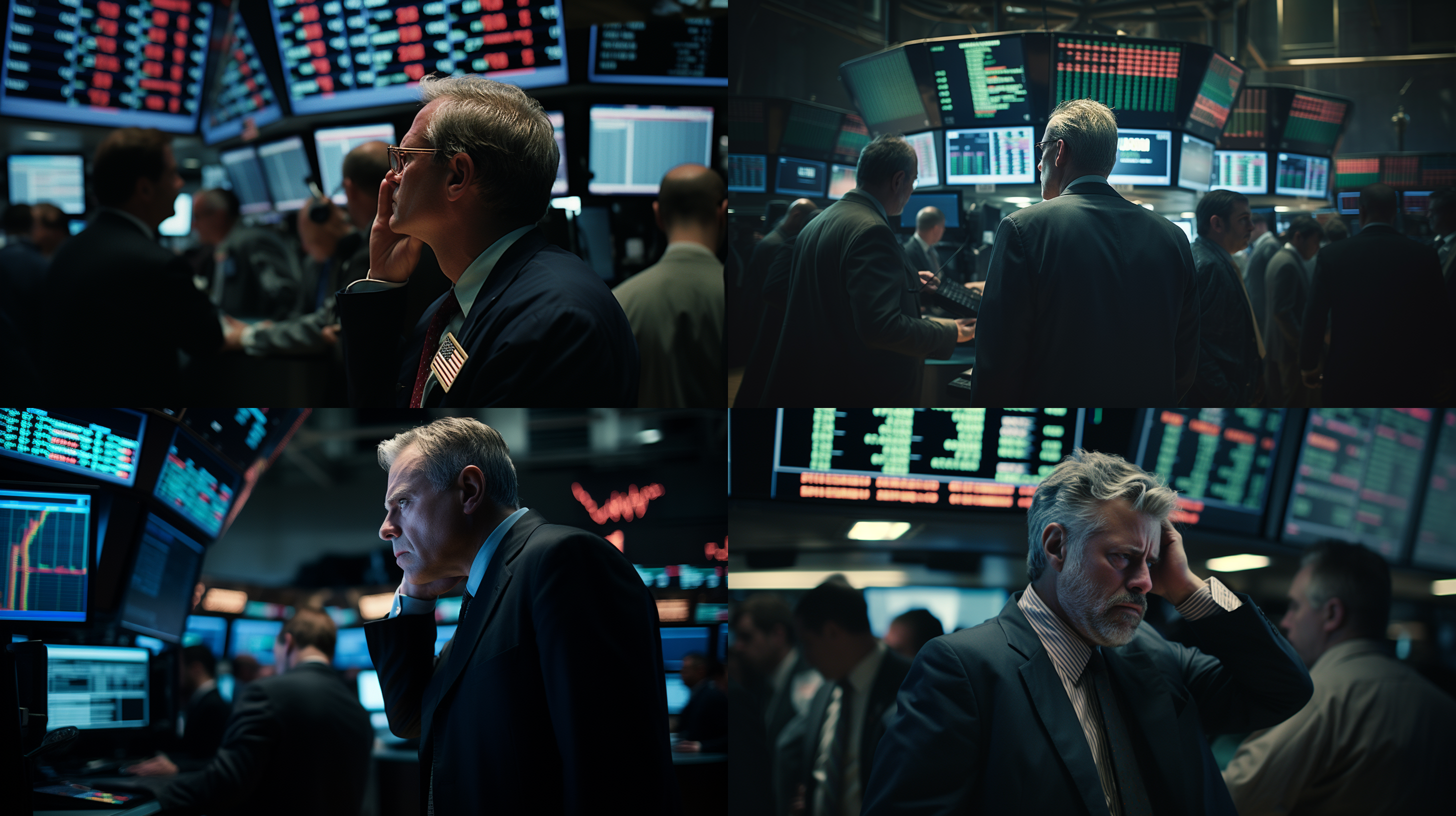纽约证劵交易所内，数十位交易员绝望、颓废、不知所措，交易屏显示市场崩溃线条，场景充满绝望气息，大场景、广角，高细节，电影画质 大卫林奇