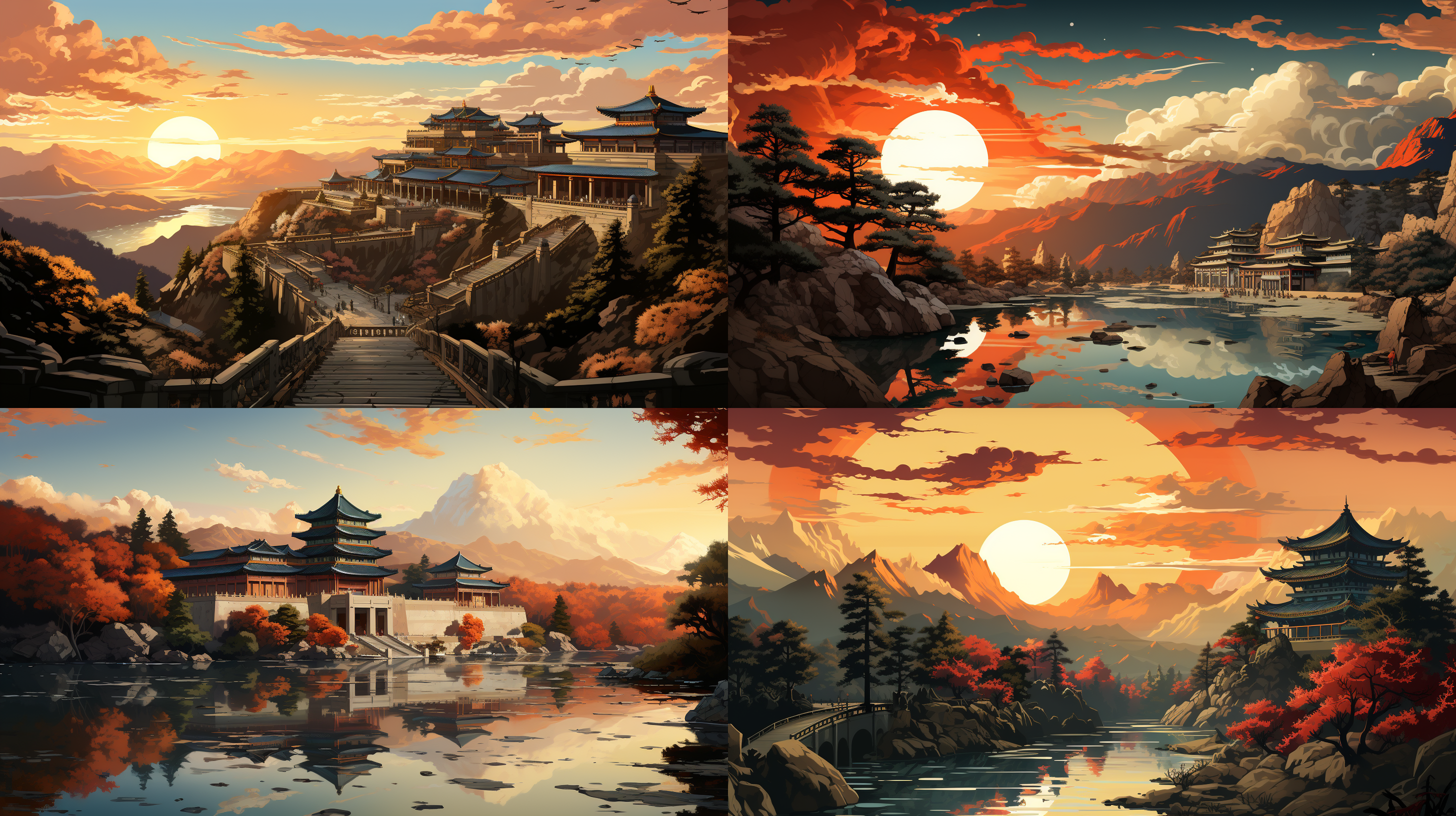 泰山建筑物，扁平风格插画，简洁线条，山脉背景，暖色调，对称构图，柔和光线，静态，稳重，文化底蕴。