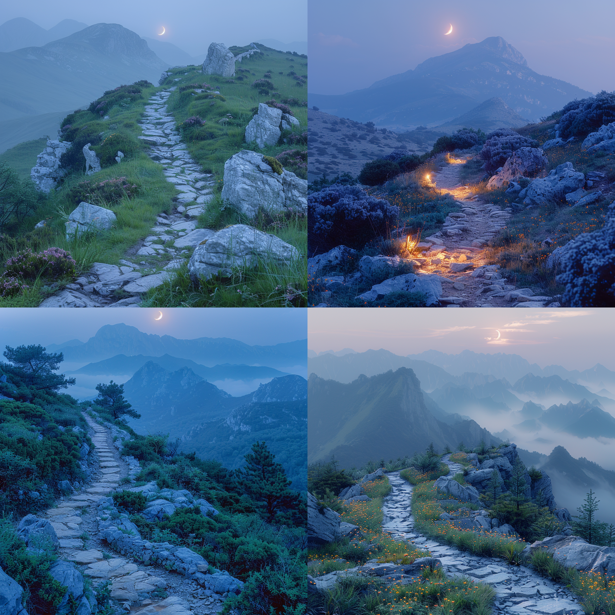 暮色山路，蜿蜒上升，山峦背景，月牙初显，远景构图，自然光线，长焦镜头，柔和色调，静谧，神秘。