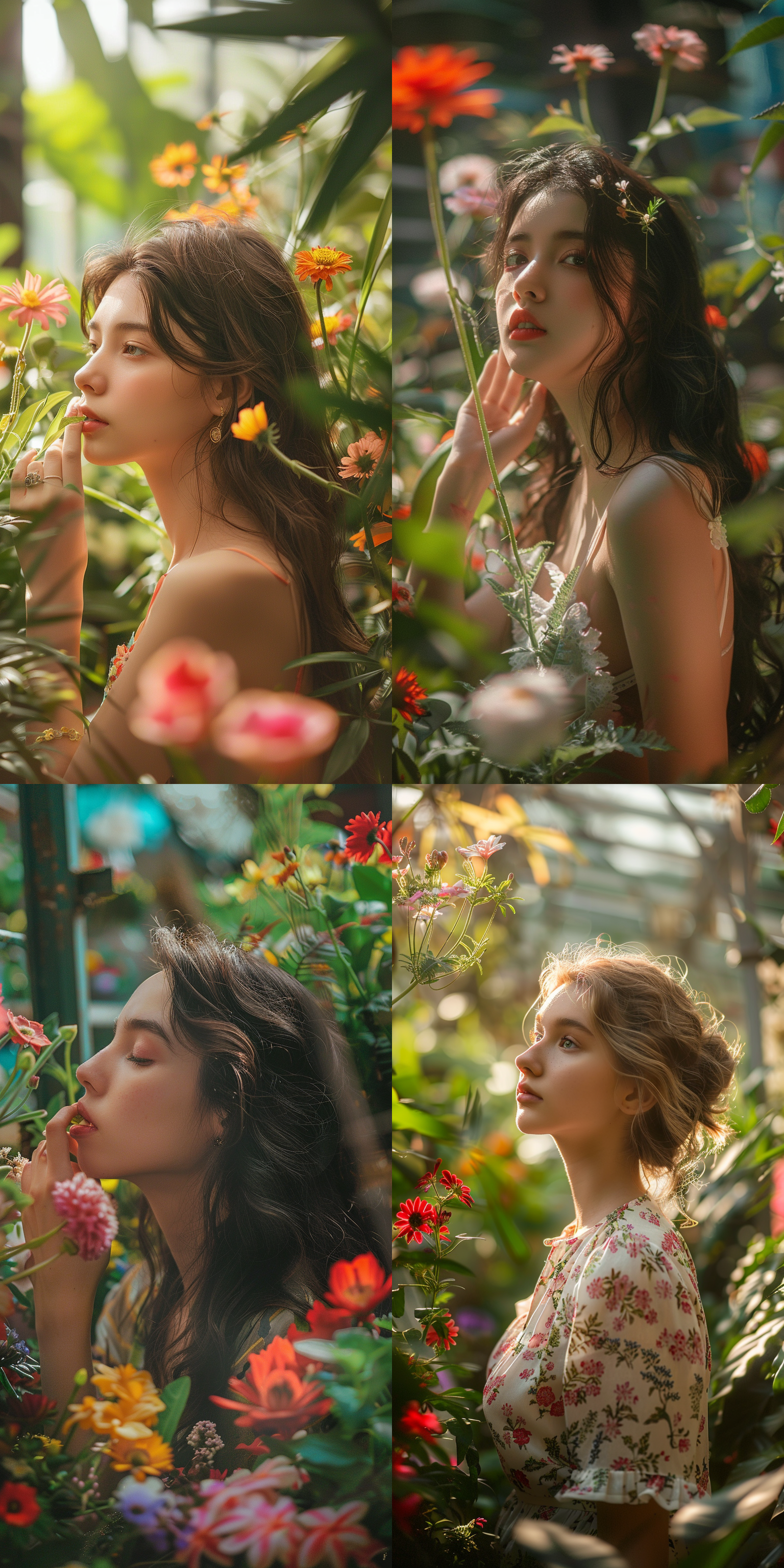 大师人像摄影，18岁少女凝视，轻轻闻着花香，周围是茂盛植物和五彩花丛，身材苗条，自然光，光彩照人，半身肖像，景深效果，85mm