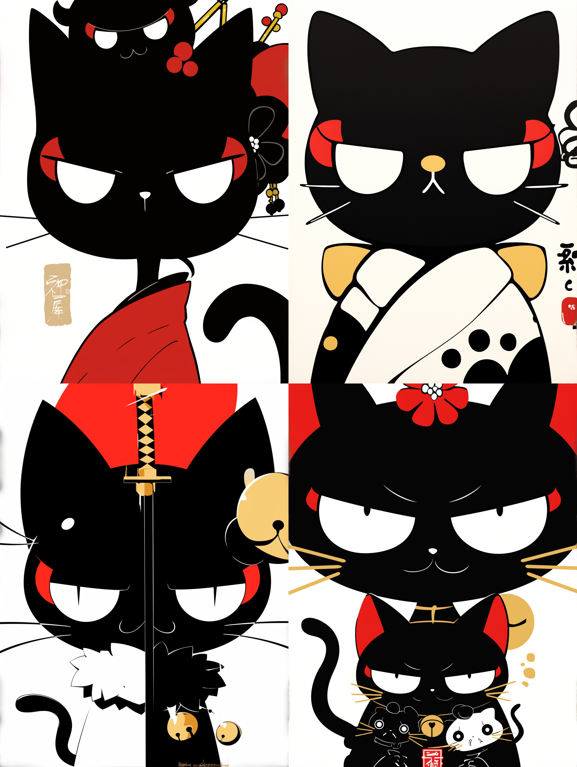 poster artwork, ornate background, 2019, sumptuous, artist katsushika hokusai, stylised, juxtapoz aesthetic, enigmatic beauty, vector aesthetics, defence, hanging scroll, artstatiom, purism, portrait of beautiful cat,黑猫，粗线条，标志设计，箭头尾巴，白色背景，png格式输出，