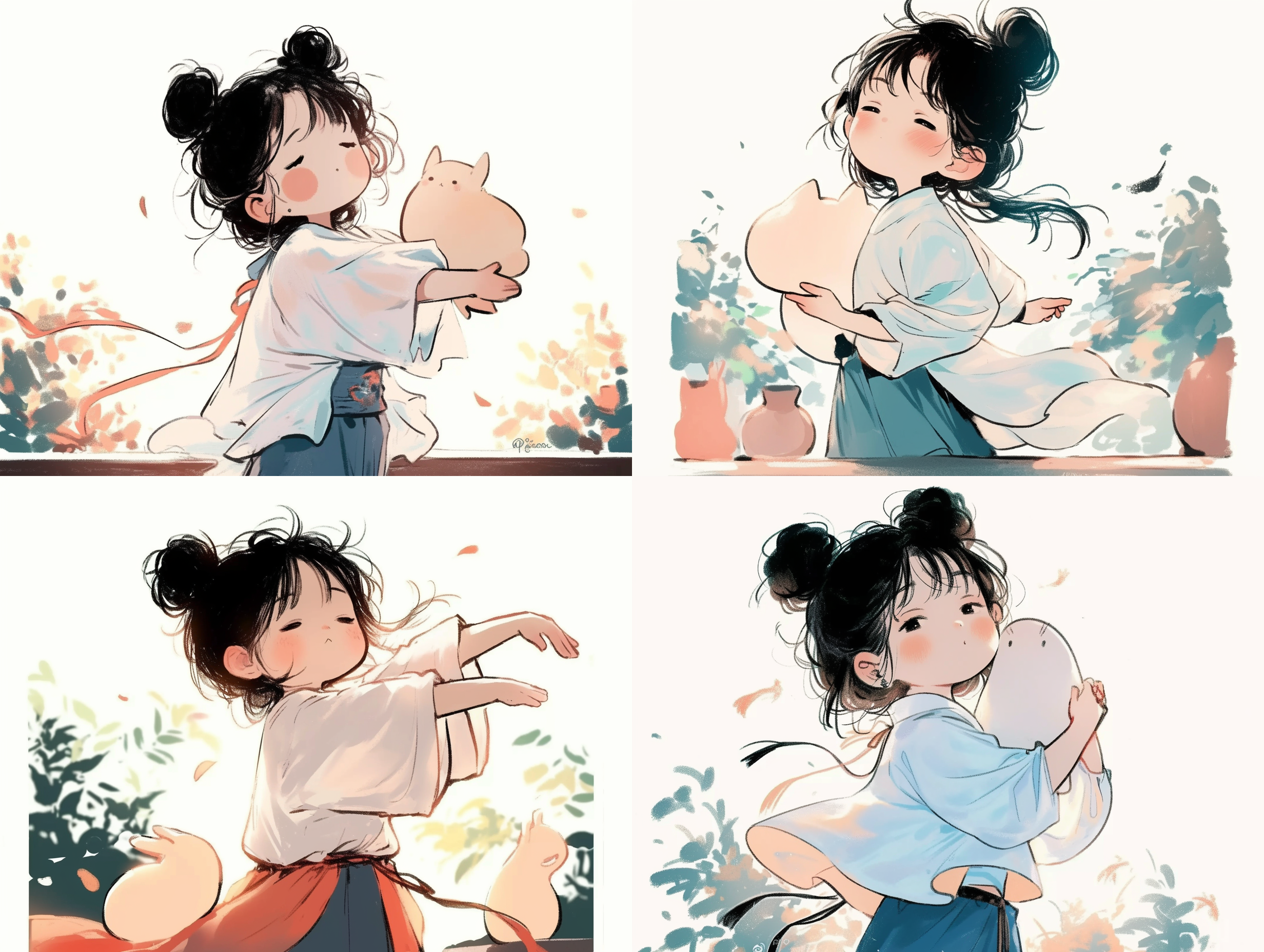 女孩穿着汉服跳舞，优雅旋转，丝绸飘逸，古典园林背景，柔和光线，长焦镜头，慢快门，流动感，宁静，淡雅色彩，喜悦。