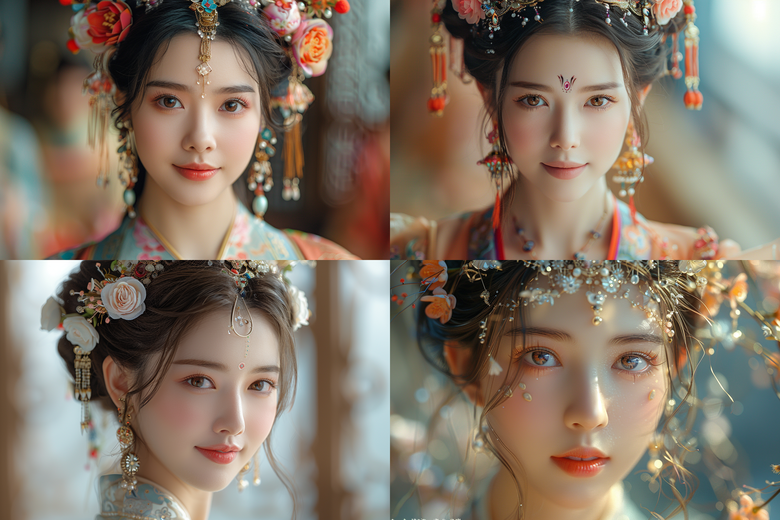 中国古典美女，丰满身材，微笑闭嘴，肤如凝脂，盘发精致，明亮的大眼睛，鲜艳色彩，清纯美丽，独奏姿态，珠宝点缀，花形发饰，杰作级质量，绝世容颜，色彩缤纷的纱质衣裙，细长眉毛，全身，丹凤眼，柔和侧光，高光细节，环境光，长焦镜头，自然色彩，静态美，传统服饰，细腻肌肤，优雅姿态，古典美，柔和光线，古典建筑，花园。
