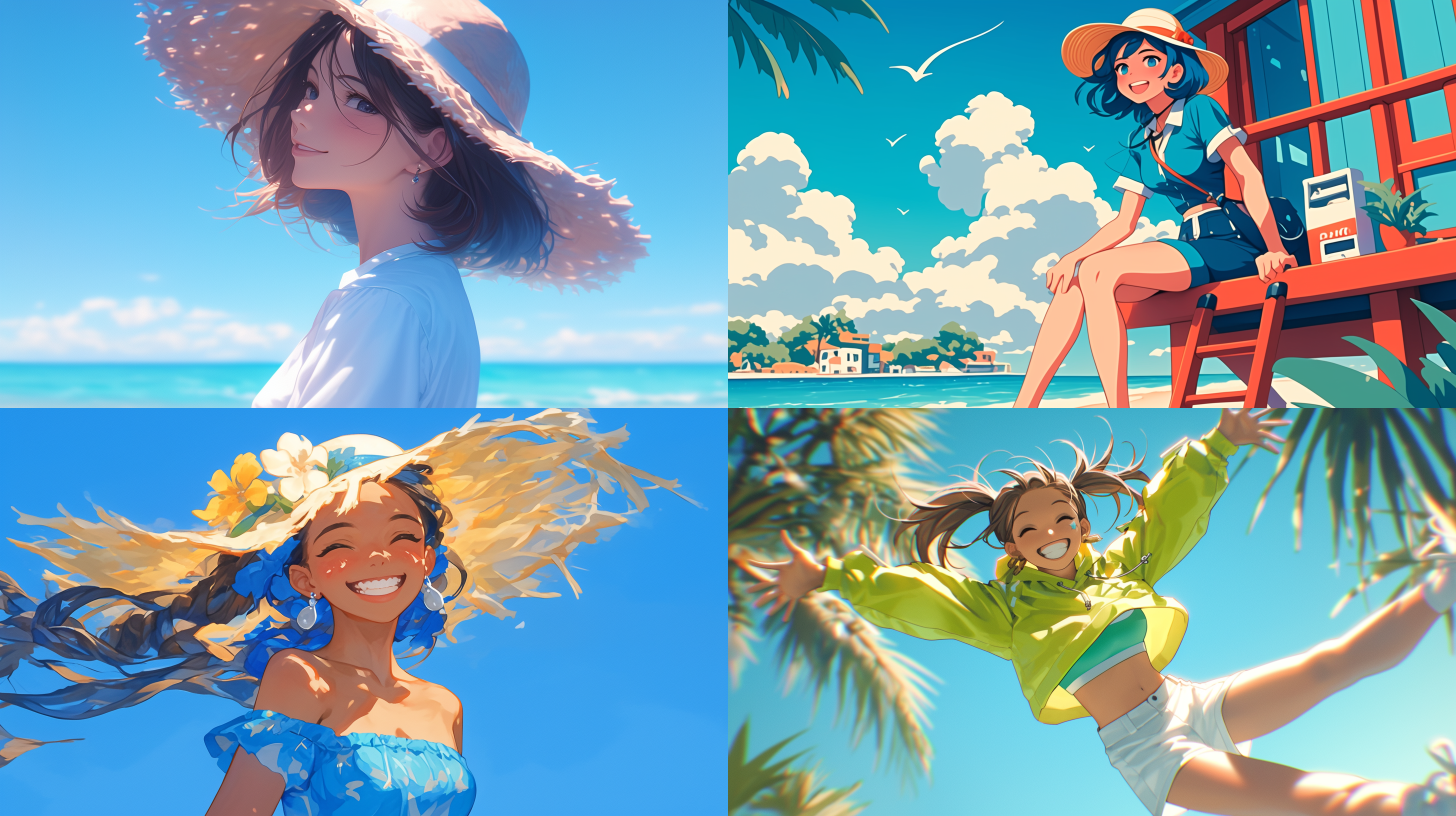 夏日多巴胺，年轻活力生机，高级氛围图，清凉时尚简约，插画风格，明亮色彩，阳光海滩，长焦镜头，自然光，动态姿势，微笑表情，蓝色调，愉悦感。