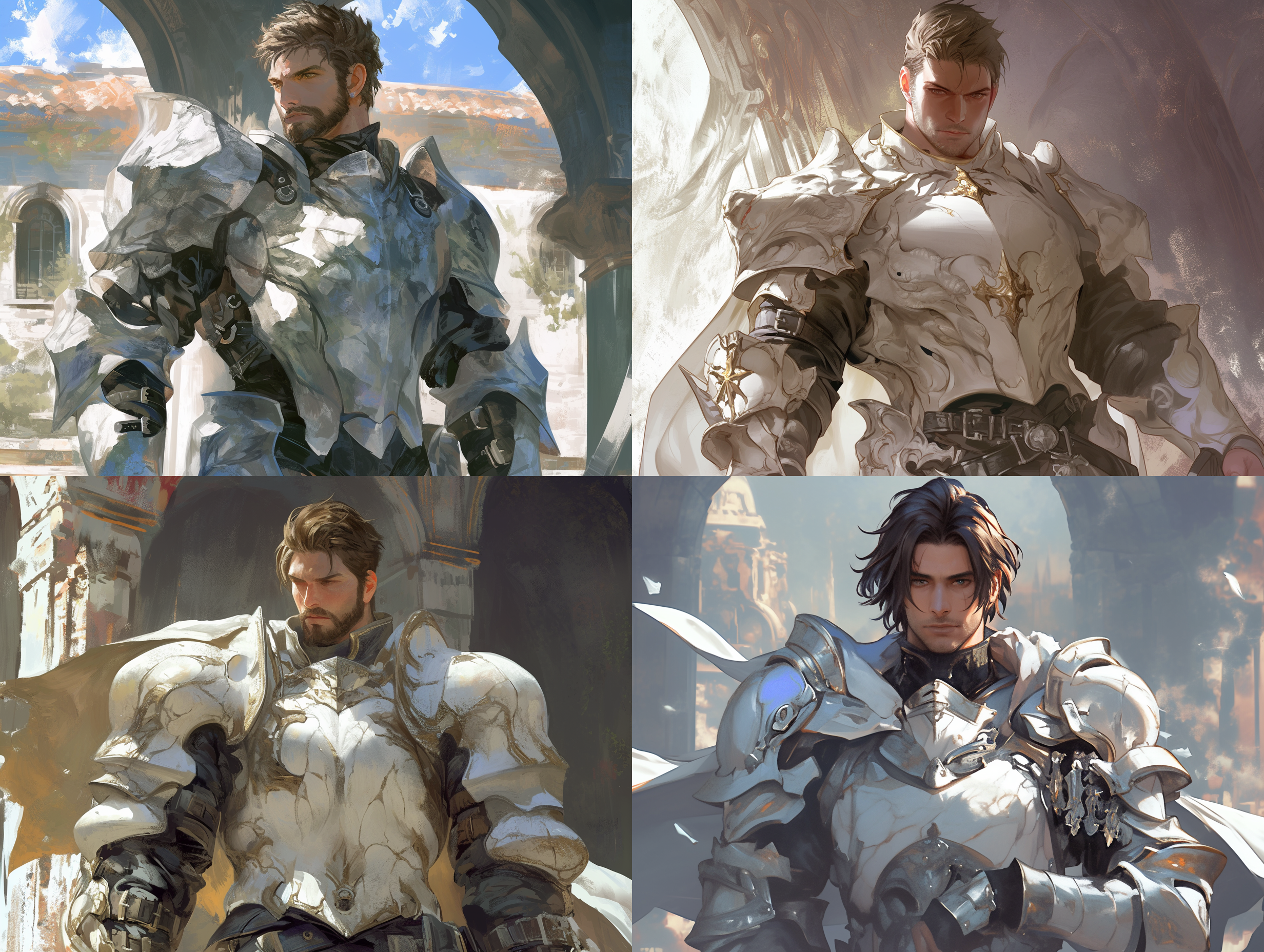 废弃遗迹中的重甲战士，大理石质感白色全身重甲，臂甲臂铠，棕发棕眼，肌肉发达的成熟男性，正面全身像，肃穆表情，遗迹背景，高光影对比，广角镜头，自然光，细节丰富，冷色调，庄严氛围。