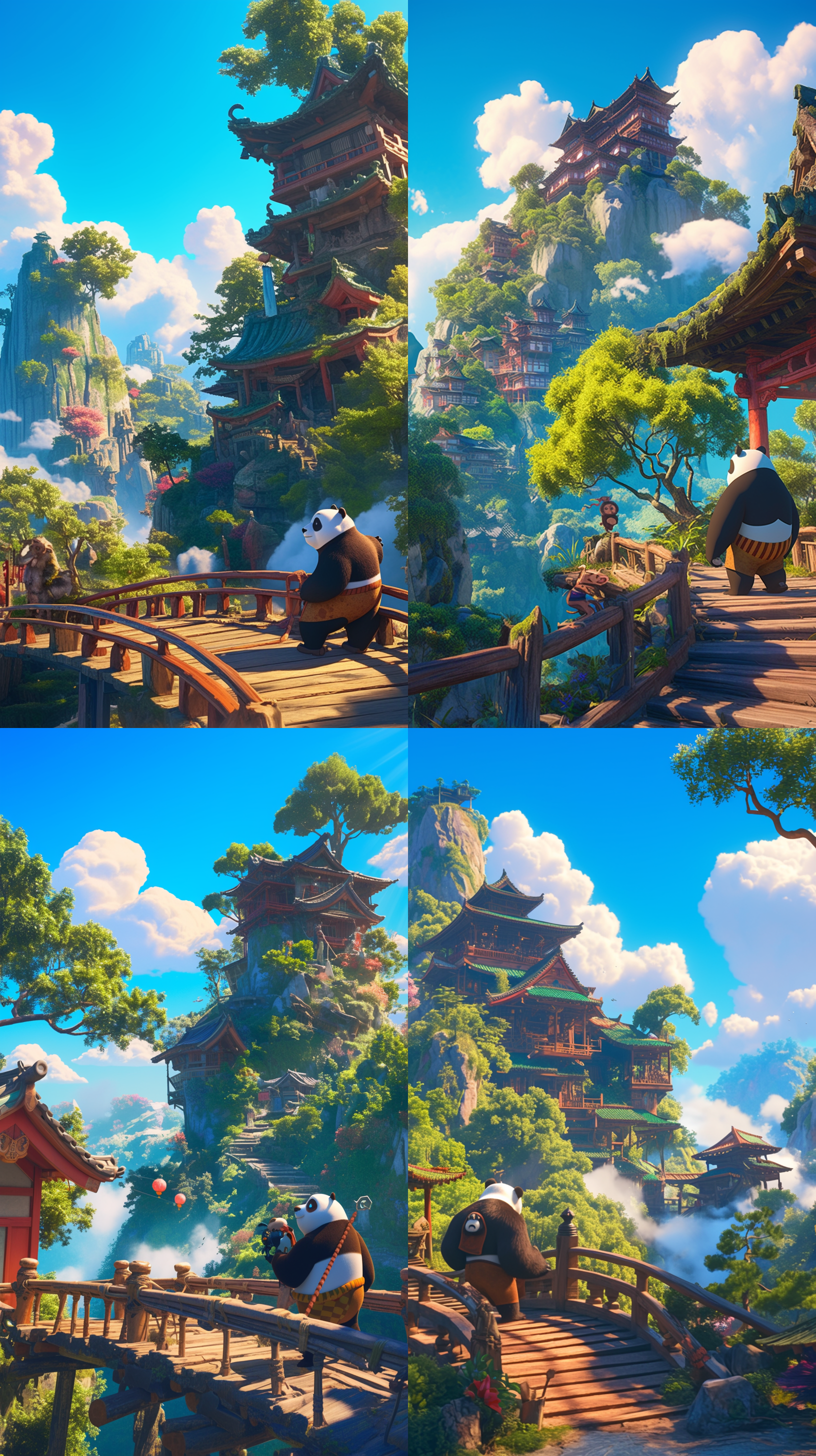 熊猫与猴子去探险，周围还有其他动物朋友们。森林背景。皮克斯动画风格，超真实渲染，高角度拍摄，明亮色彩，迪士尼3d卡通风格，阳光直射，广角镜头，动态捕捉，鲜艳色彩，和谐自然。