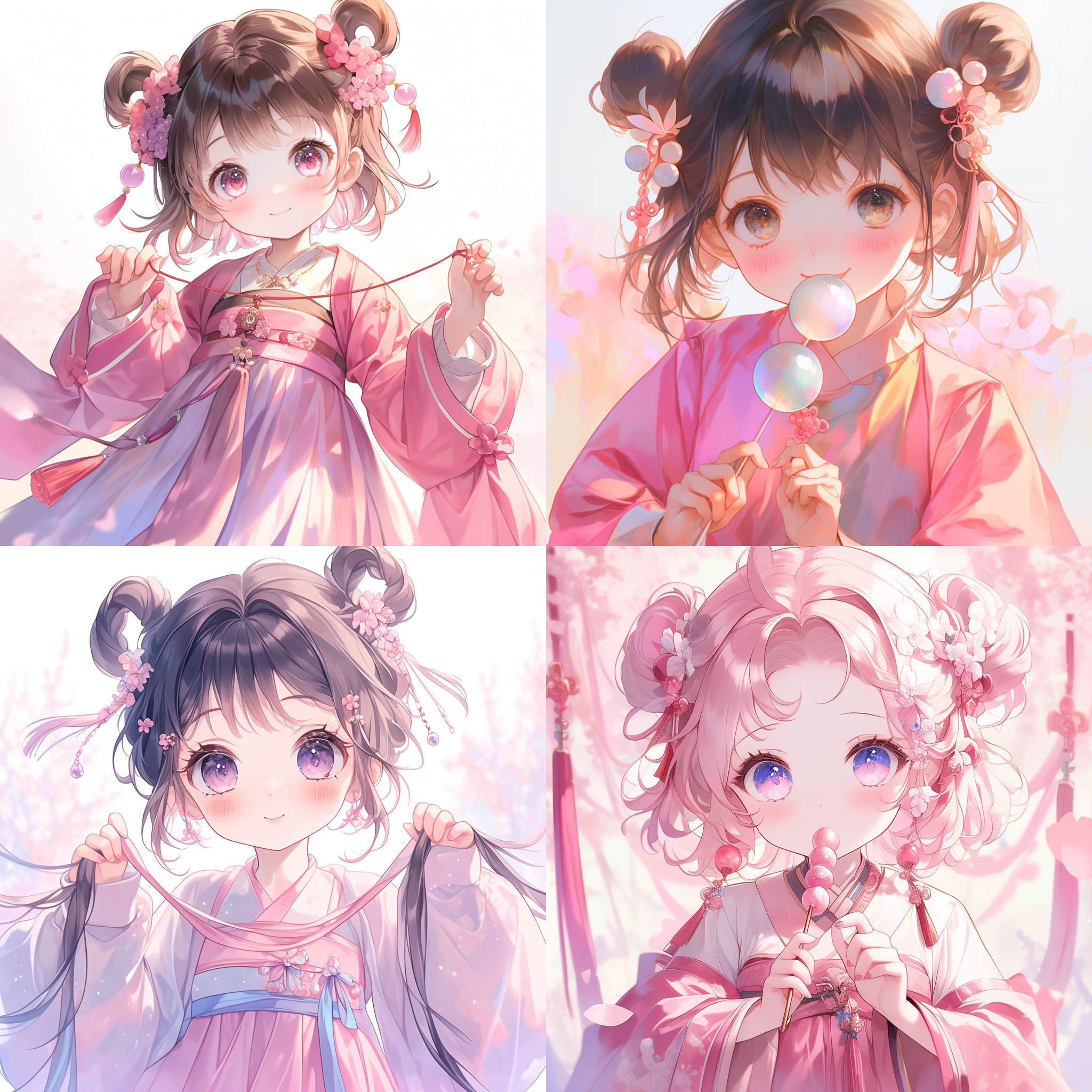 五岁女孩，丸子头，发夹，大眼睛，小鼻子，小嘴巴，圆脸，手持糖葫芦，粉色汉服，甜美笑容，手绘动漫风格，超高细节，8k分辨率。