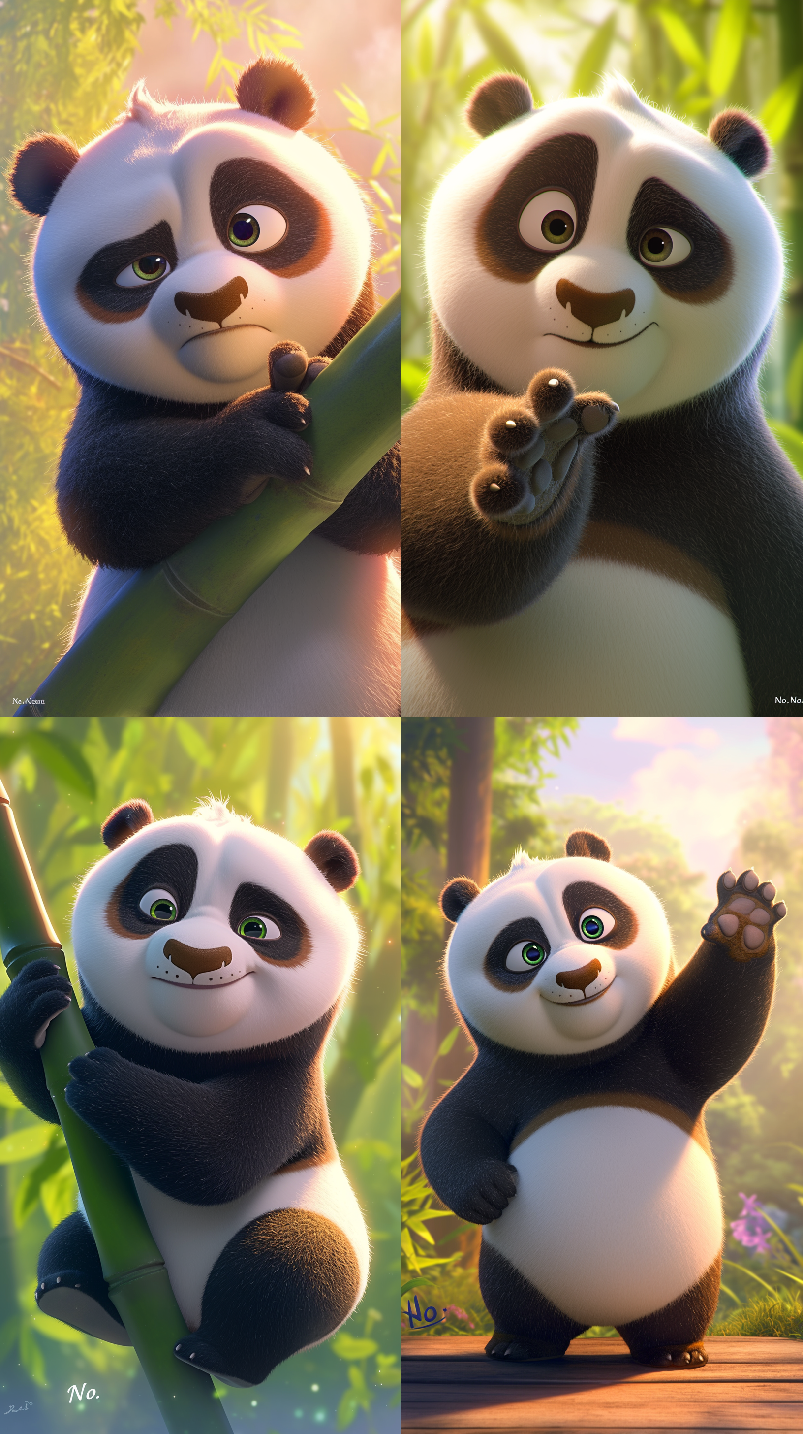 熊猫伸出手掌表示拒绝，不可以。表情严肃。。森林背景。皮克斯动画风格，超真实渲染，高角度拍摄，明亮色彩，迪士尼3d卡通风格，阳光直射，广角镜头，动态捕捉，鲜艳色彩，和谐自然。