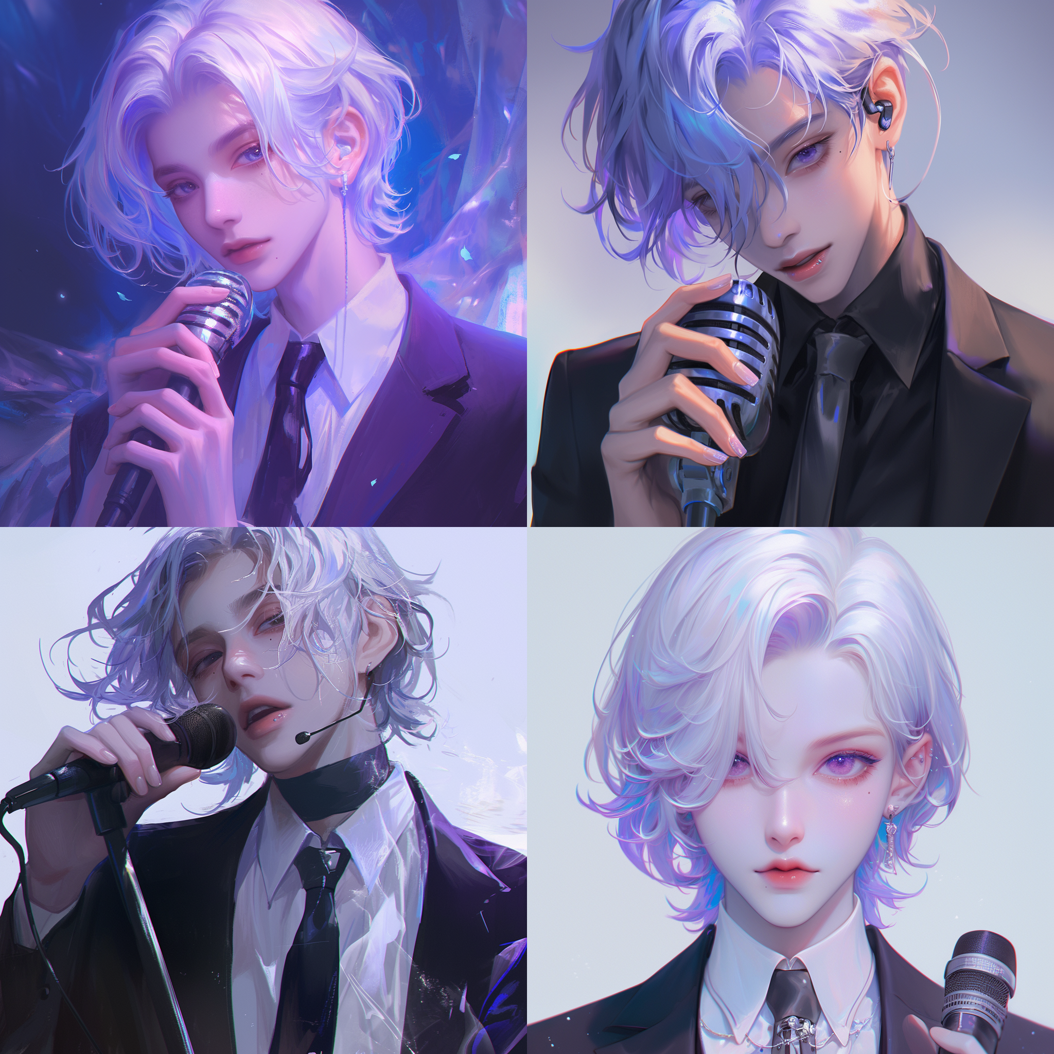 男性boy，浅紫色渐变白头发，鲻鱼头发型，领带衬衫，黑色西装，珍珠质感，最高画质，绝美眼睛，长睫毛，清透，细腻渲染，蔡徐坤，李洙赫，绝美眼睛，细节五官，丰富细节，含情眼，美人痣，插画，少年感，朦胧美，雾蒙蒙，深色眼睛，拿麦克风，全身像，高分辨率，超现实，柔和光线，微妙色彩，情感丰富，艺术感，梦幻氛围，细节丰富，肖像画风格，动态捕捉。