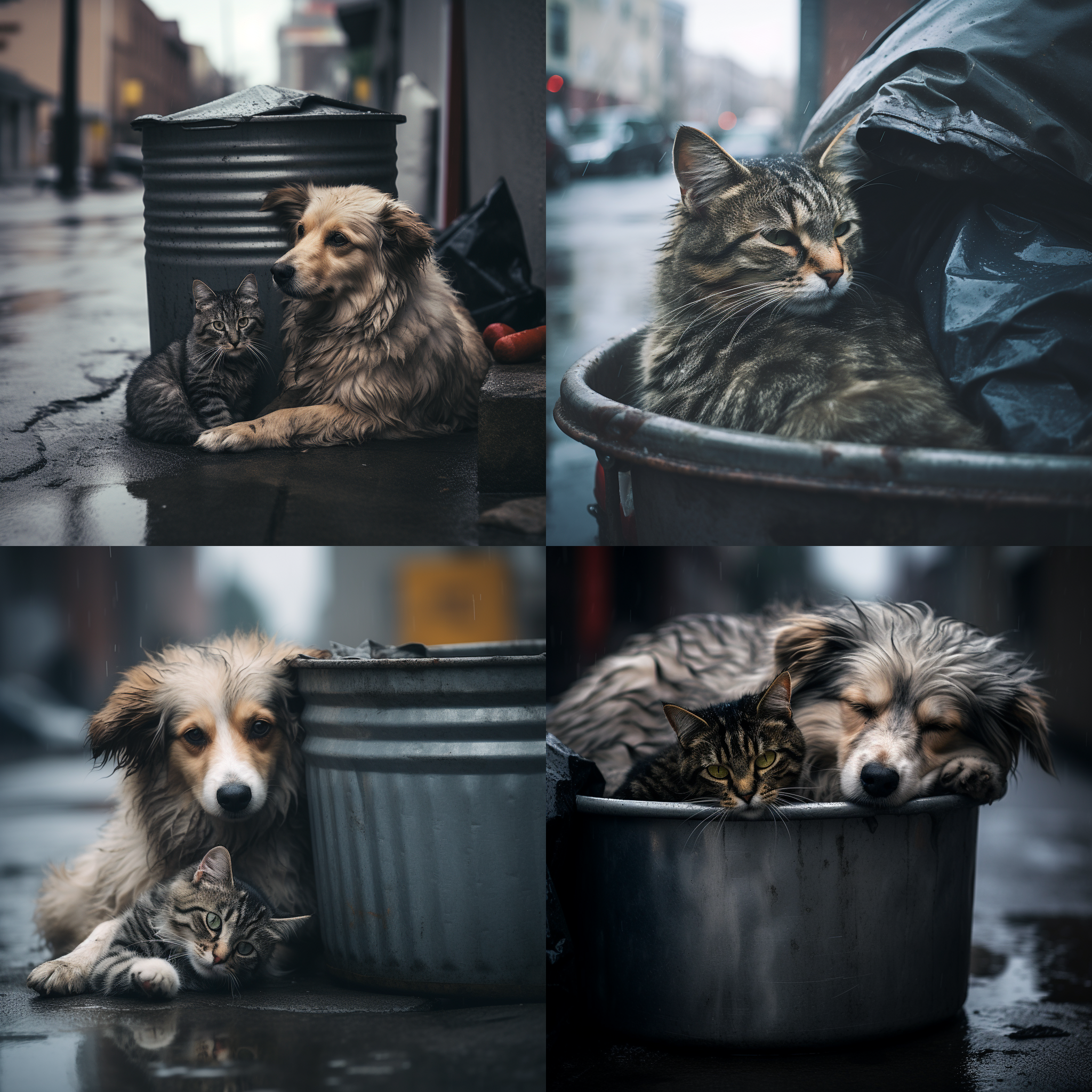 猫蜷缩在狗身上，雨天街道，雾蒙蒙，垃圾桶剩饭，近景构图，灰色调，街景，标准镜头，柔和光线，静态，温馨，忧郁。