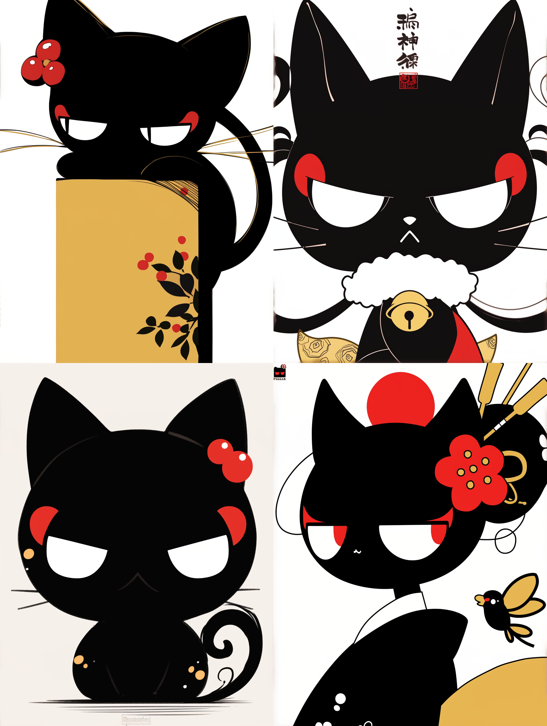 poster artwork, ornate background, 2019, sumptuous, artist katsushika hokusai, stylised, juxtapoz aesthetic, enigmatic beauty, vector aesthetics, defence, hanging scroll, artstatiom, purism, portrait of beautiful cat,黑猫，粗线条，标志设计，箭头尾巴，白色背景，png格式输出，