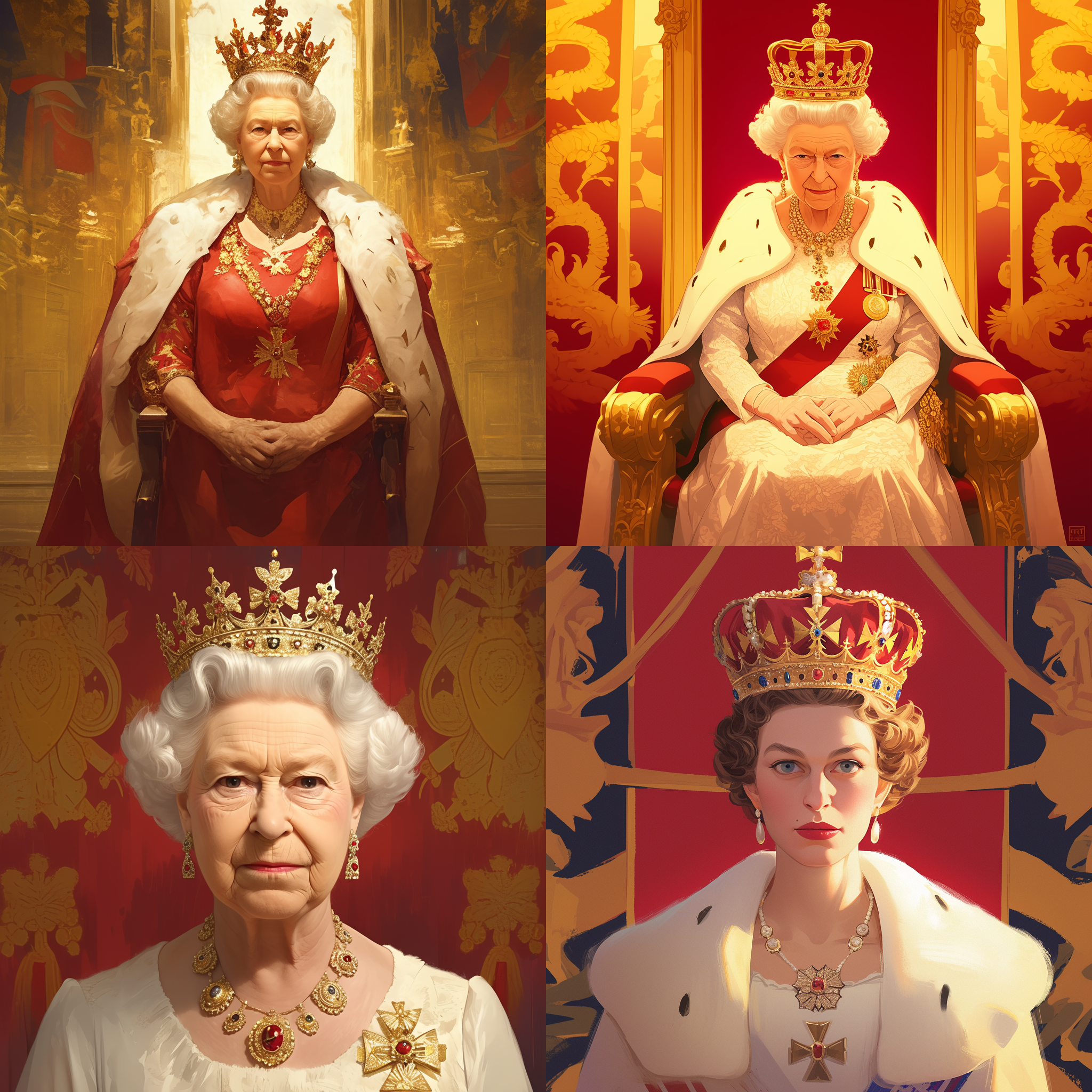 英国女王伊丽莎白二世，皇室风格，金色王冠，庄严表情，红地毯，宫殿背景，对称构图，高分辨率，自然光，长焦镜头，细节丰富，金色与红色调，尊贵与权威。