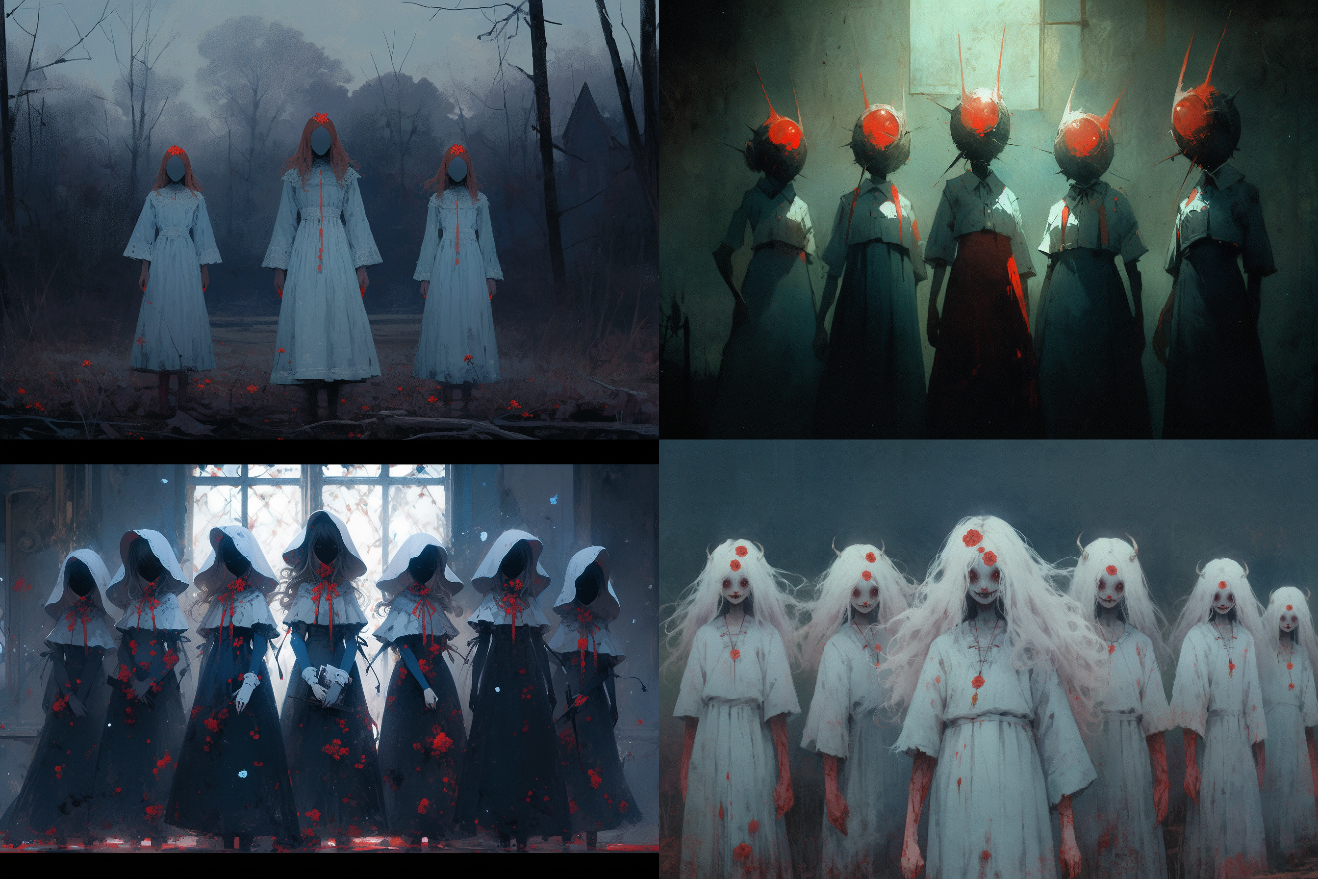 神秘女子群像，贝克辛斯基风格，苍白蓝黄调，大片红污渍，另类角度，恐怖，诡异，梦幻，超现实，电影感，粗粒胶片质感，2:3比例，原始风格，高风格化，第6代。