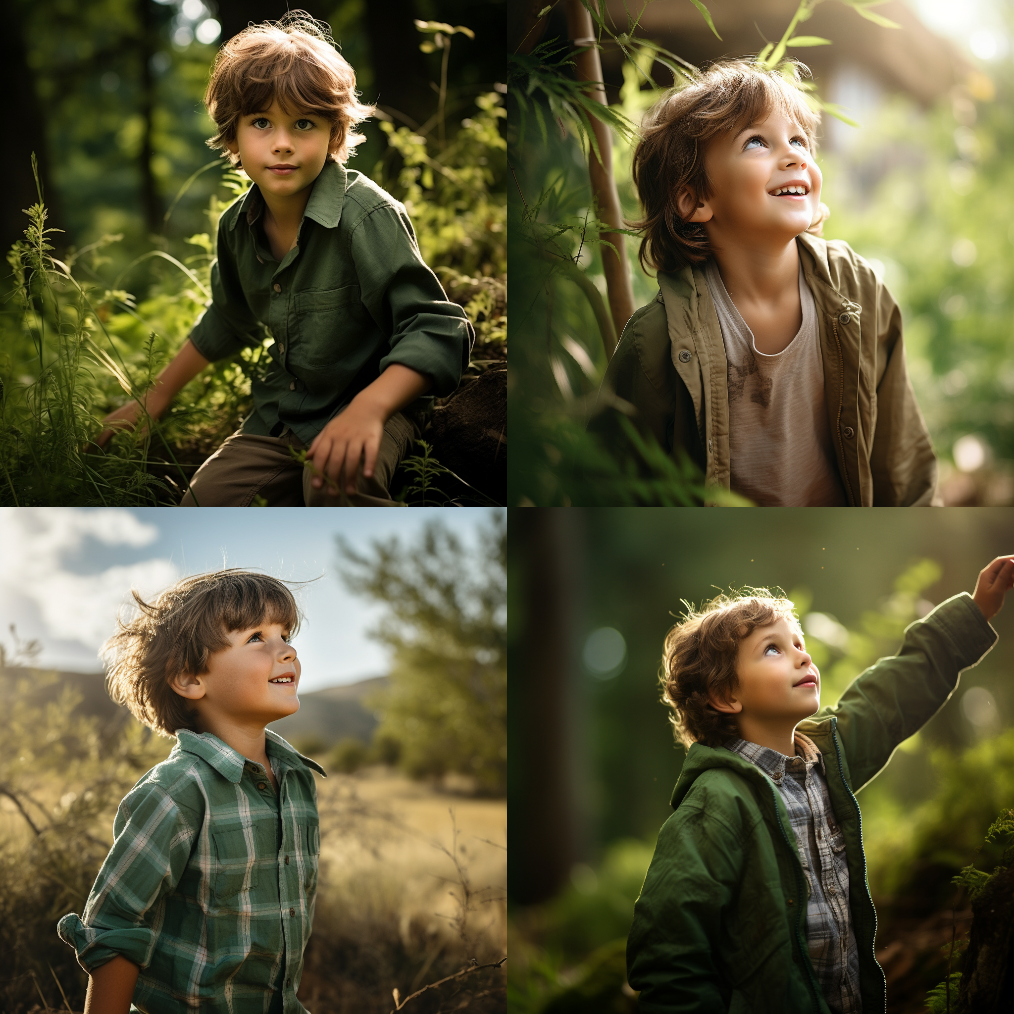 男孩探险，户外风景，阳光明媚，远景镜头，自然光，微笑，好奇，绿色，活力。