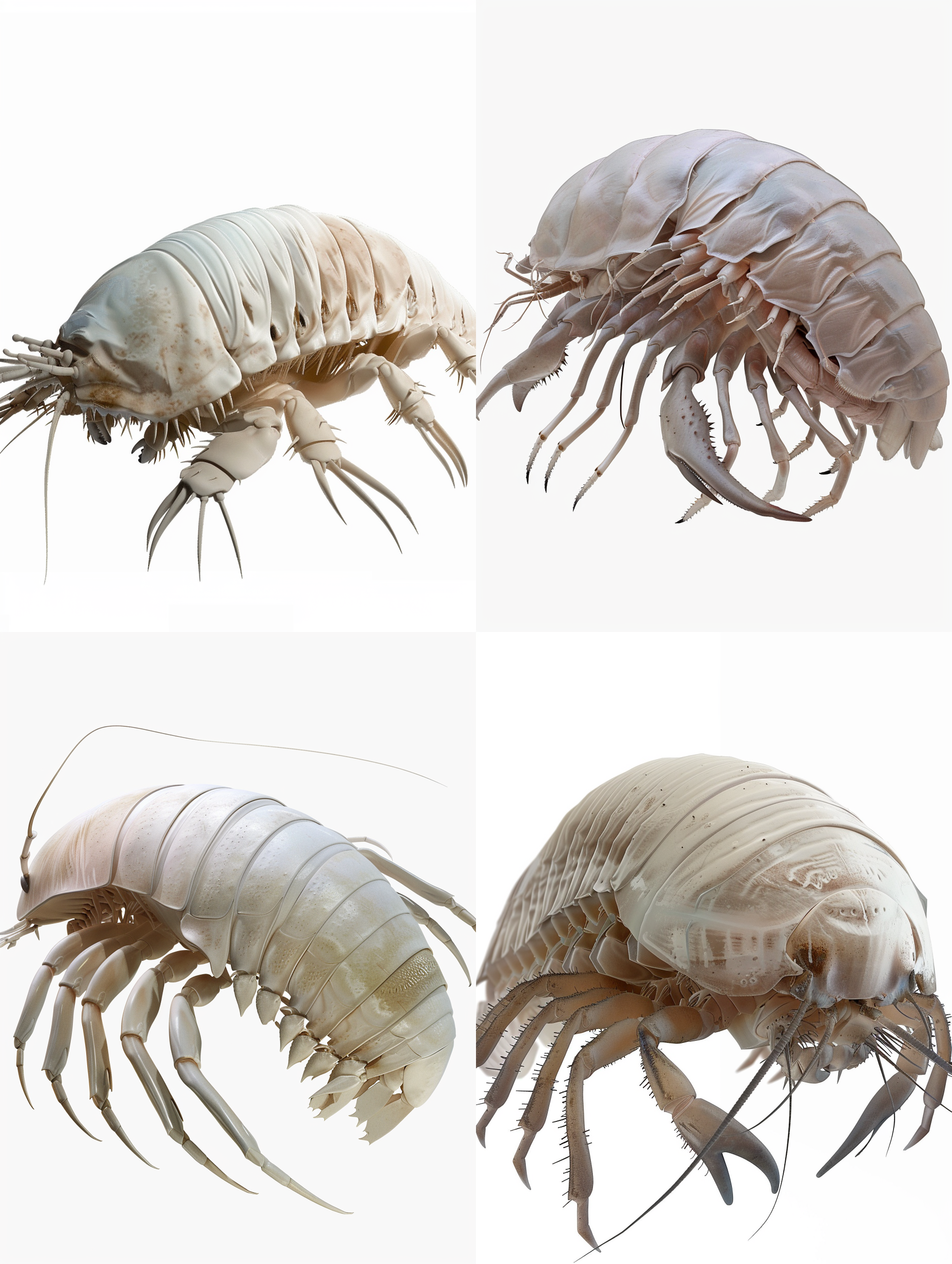 bathynomus gigas模型，巨型海虱，写实科普，侧视图，白色背景，png格式，清晰线条，丰富细节，丰富结构，视觉中心，中心构图，高分辨率，自然光，精细纹理，科学准确，中性色调，静态展示。
