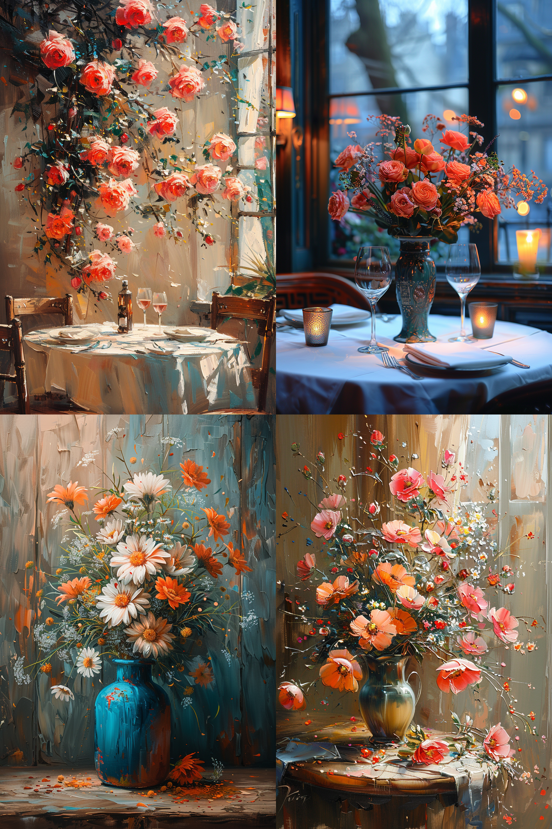 手绘油画风格，餐厅背景，花卉主题，细腻笔触，静谧氛围，柔和光线，温暖色调，近距离拍摄，自然光，优雅，宁静。