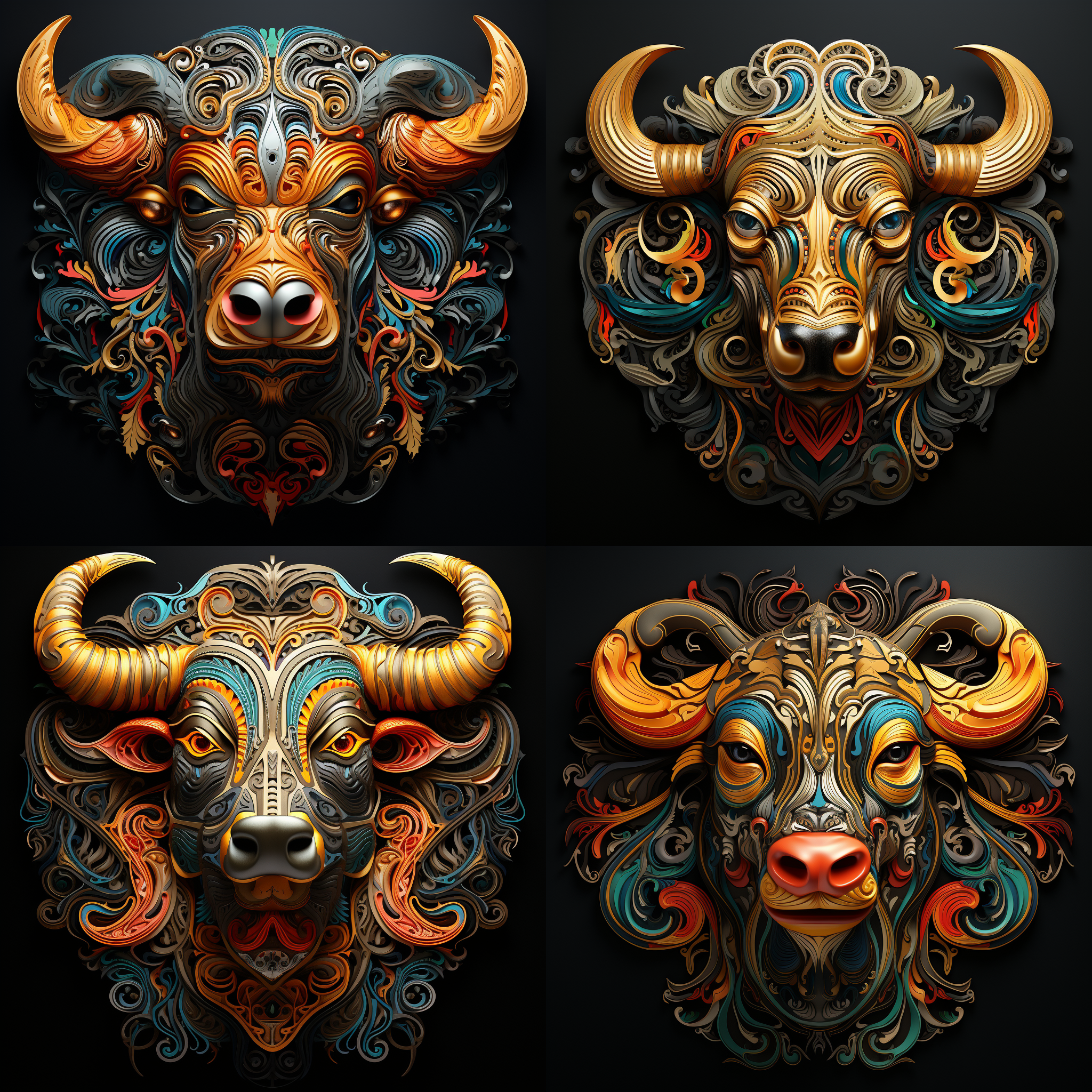 丑牛标志向左看，色彩鲜艳，神态逼真，线条锐化，纯黑色背景，浮雕风格，柔光，超高清8k分辨率，艺术美感，高光细节，暗部层次，立体感，焦点清晰，边缘锐利，色彩饱和，动态范围广。