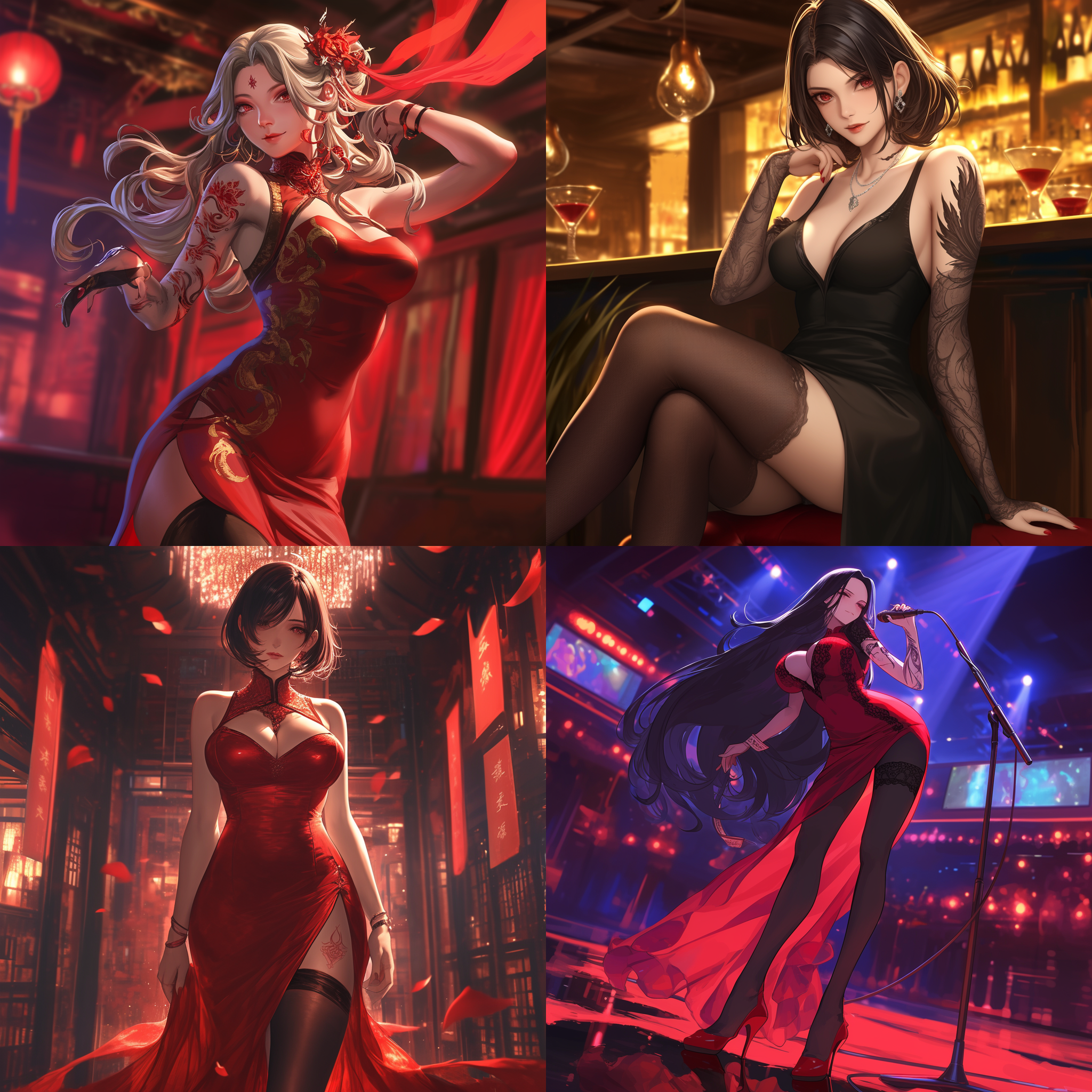 dear miss, her curves are graceful, her figure is hot, with a background of nightclub, her eyes are enchanting, mysterious,, high contrast of light and shadow, soft lighting, wide-angle lens, stage, metering, japanese anime style, female charm, red magic array tattoo, diagonal composition, high contrast, warm tones, side lighting, dynamic capture, a sense of mystery, red tattoo, temptation, full-body shot, streetwalker, red high heels,