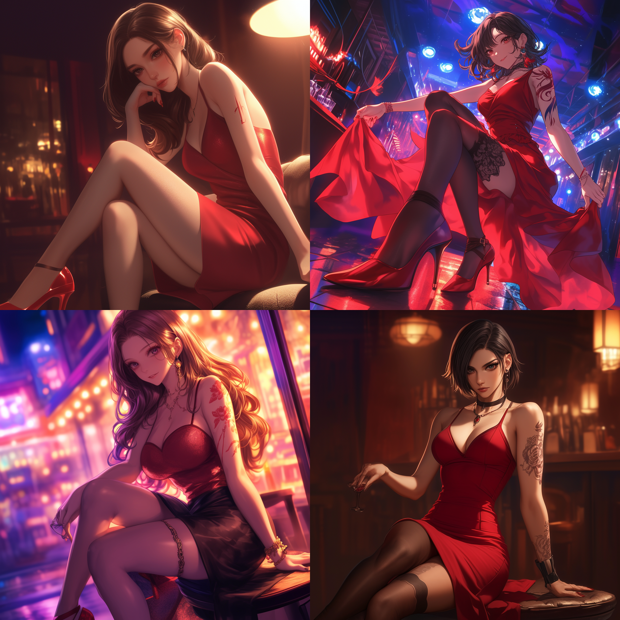 dear miss, her curves are graceful, her figure is hot, with a background of nightclub, her eyes are enchanting, mysterious,, high contrast of light and shadow, soft lighting, wide-angle lens, stage, metering, japanese anime style, female charm, red magic array tattoo, diagonal composition, high contrast, warm tones, side lighting, dynamic capture, a sense of mystery, red tattoo, temptation, full-body shot, streetwalker, red high heels,