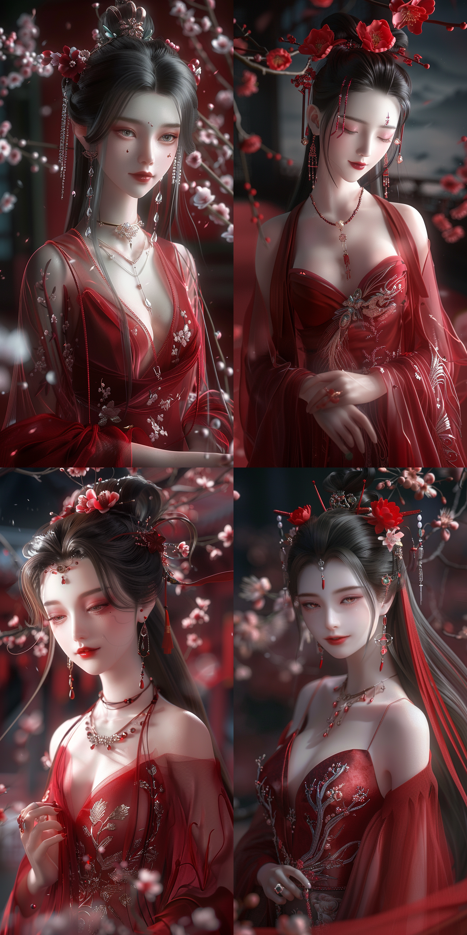 中国古典美女，丰满身材，微笑闭嘴，肤如凝脂，梅花环绕，金色宫殿，红色地毯，盘发精致，鲜艳色彩，清纯美丽，独奏姿态，珠宝点缀，花形发饰，杰作级质量，绝世容颜，色彩缤纷的纱质衣裙，细长眉毛，全身照，丹凤眼，柔和侧光，高光细节，环境光，长焦镜头，自然色彩，静态美，传统服饰，细腻肌肤，优雅姿态，古典美，柔和光线。