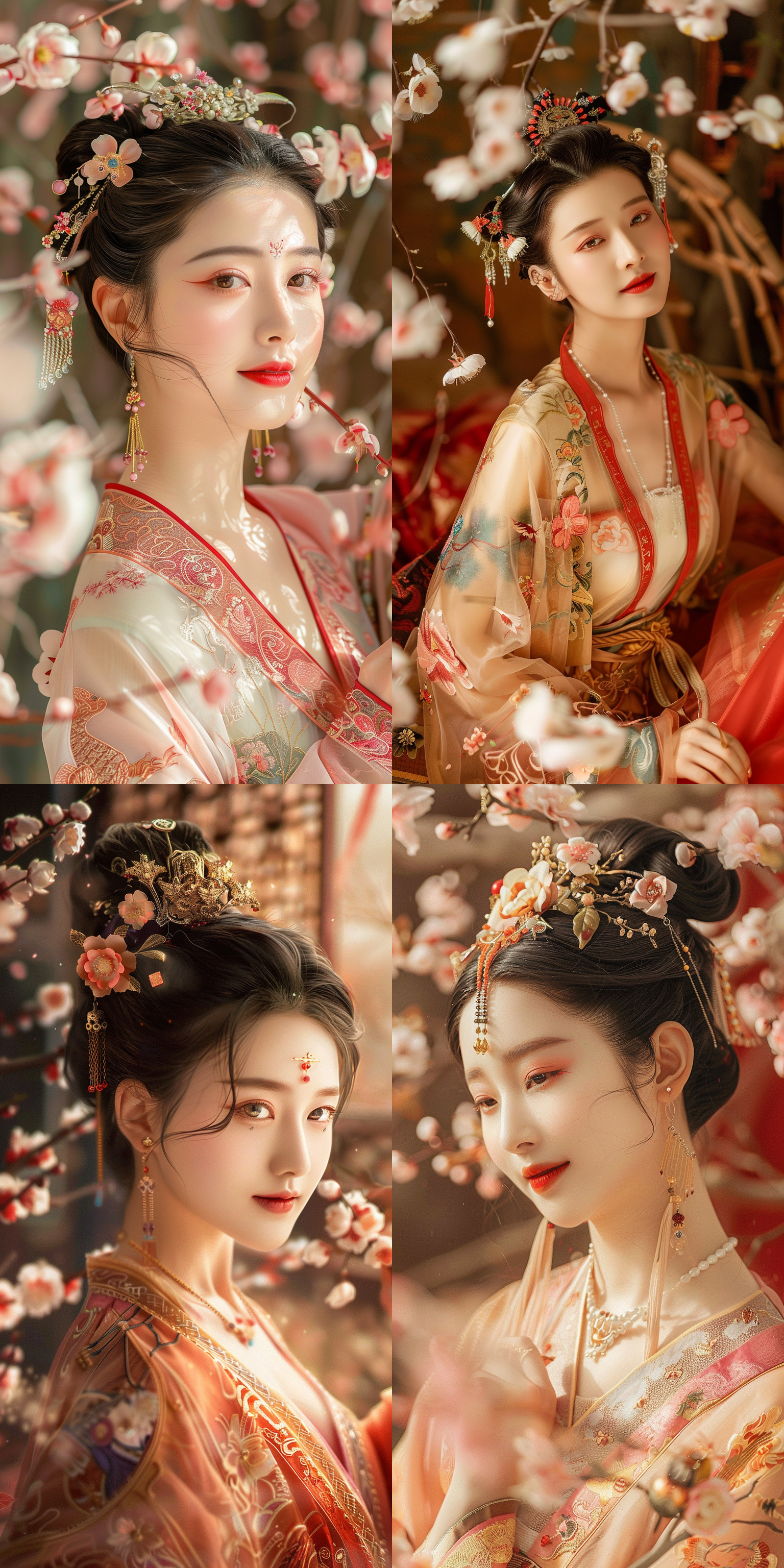 中国古典美女，丰满身材，微笑闭嘴，肤如凝脂，梅花环绕，金色宫殿，红色地毯，盘发精致，鲜艳色彩，清纯美丽，独奏姿态，珠宝点缀，花形发饰，杰作级质量，绝世容颜，色彩缤纷的纱质衣裙，细长眉毛，全身照，丹凤眼，柔和侧光，高光细节，环境光，长焦镜头，自然色彩，静态美，传统服饰，细腻肌肤，优雅姿态，古典美，柔和光线。