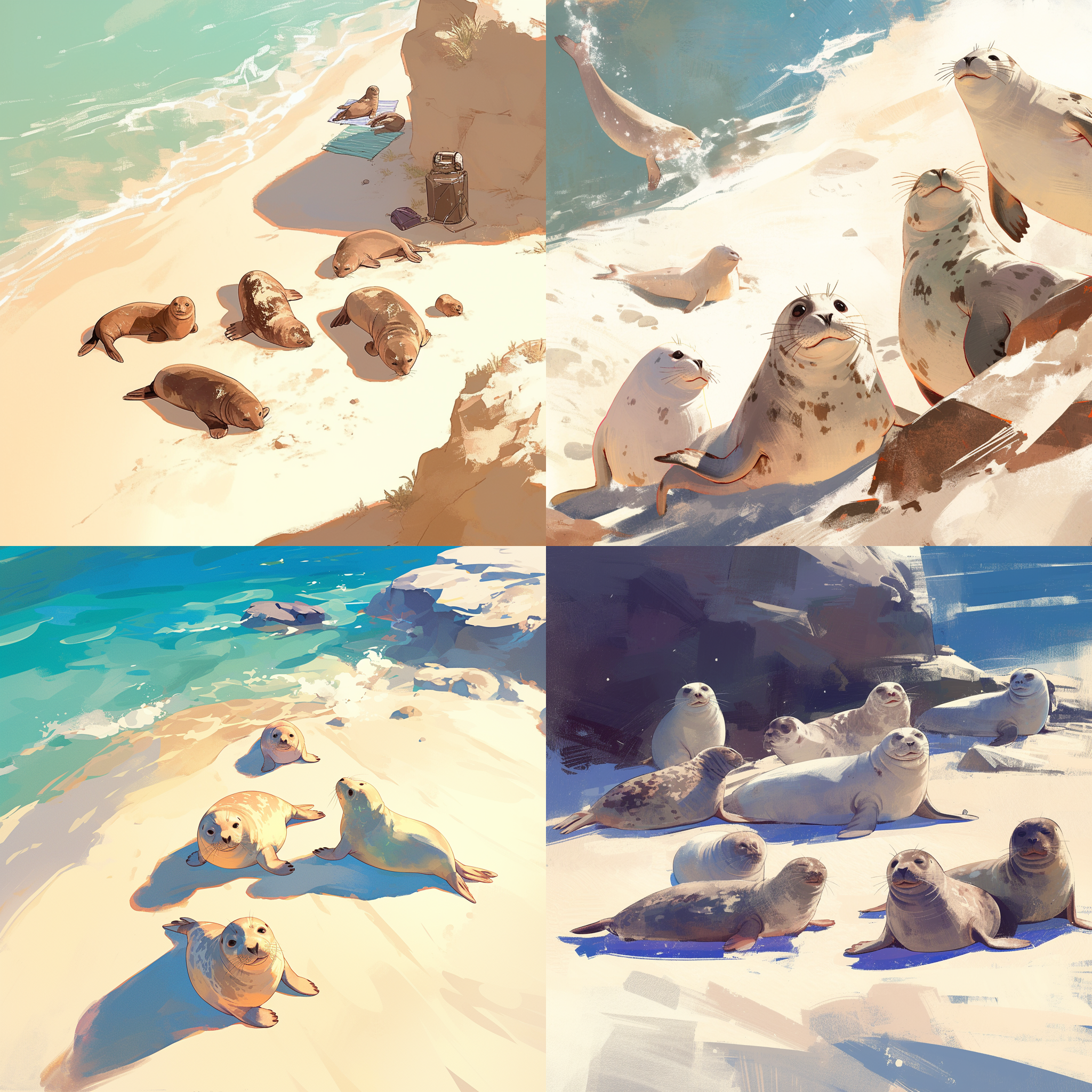 海豹群在海滩，自然光，沙滩背景，广角镜头，柔和光线，悠闲，棕色海豹，白色沙滩，和谐。